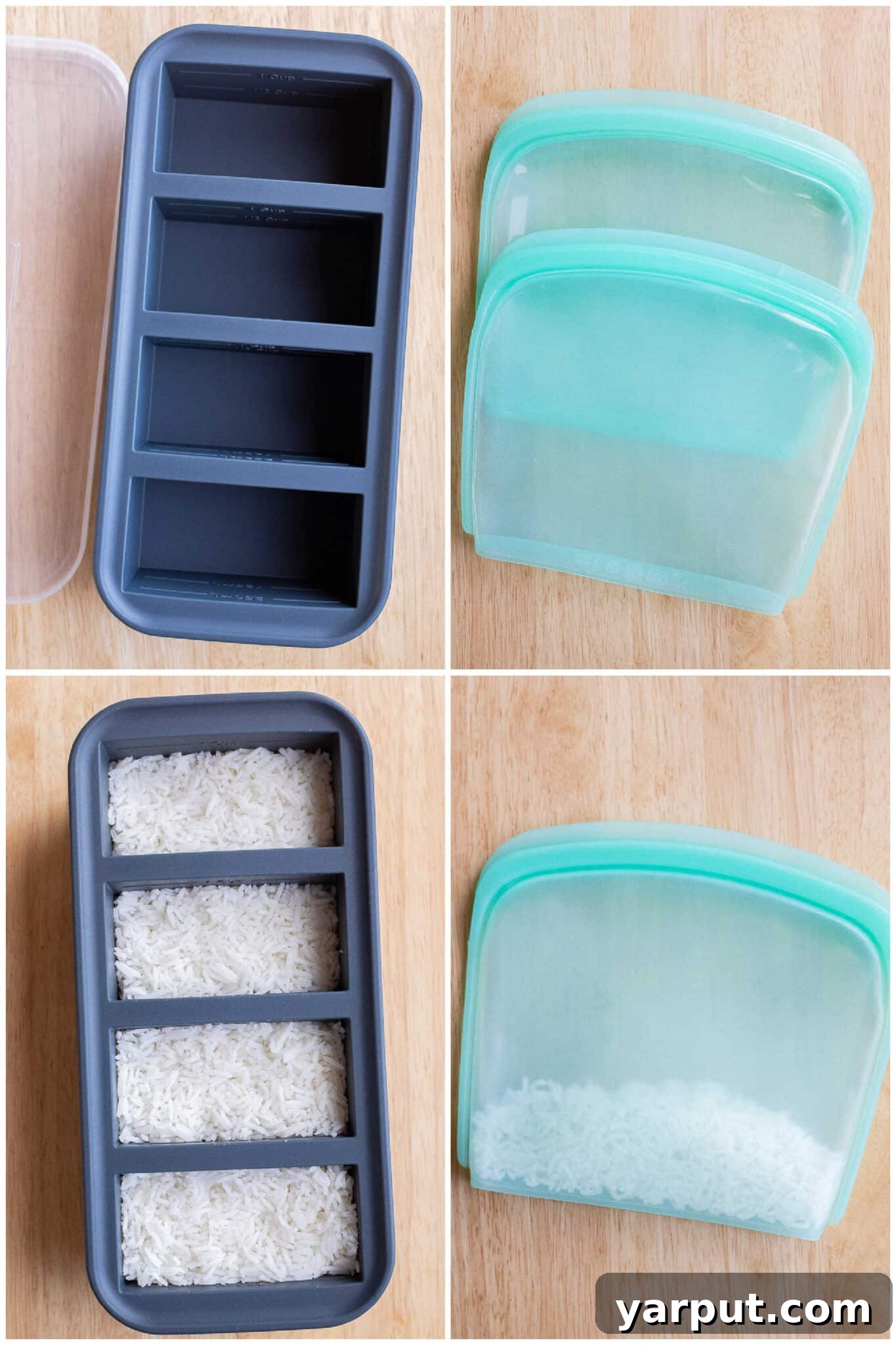Mastering Rice Freezing for Convenient Cooking 4 Various containers, including silicone molds and freezer bags, demonstrating different options for freezing rice portions.