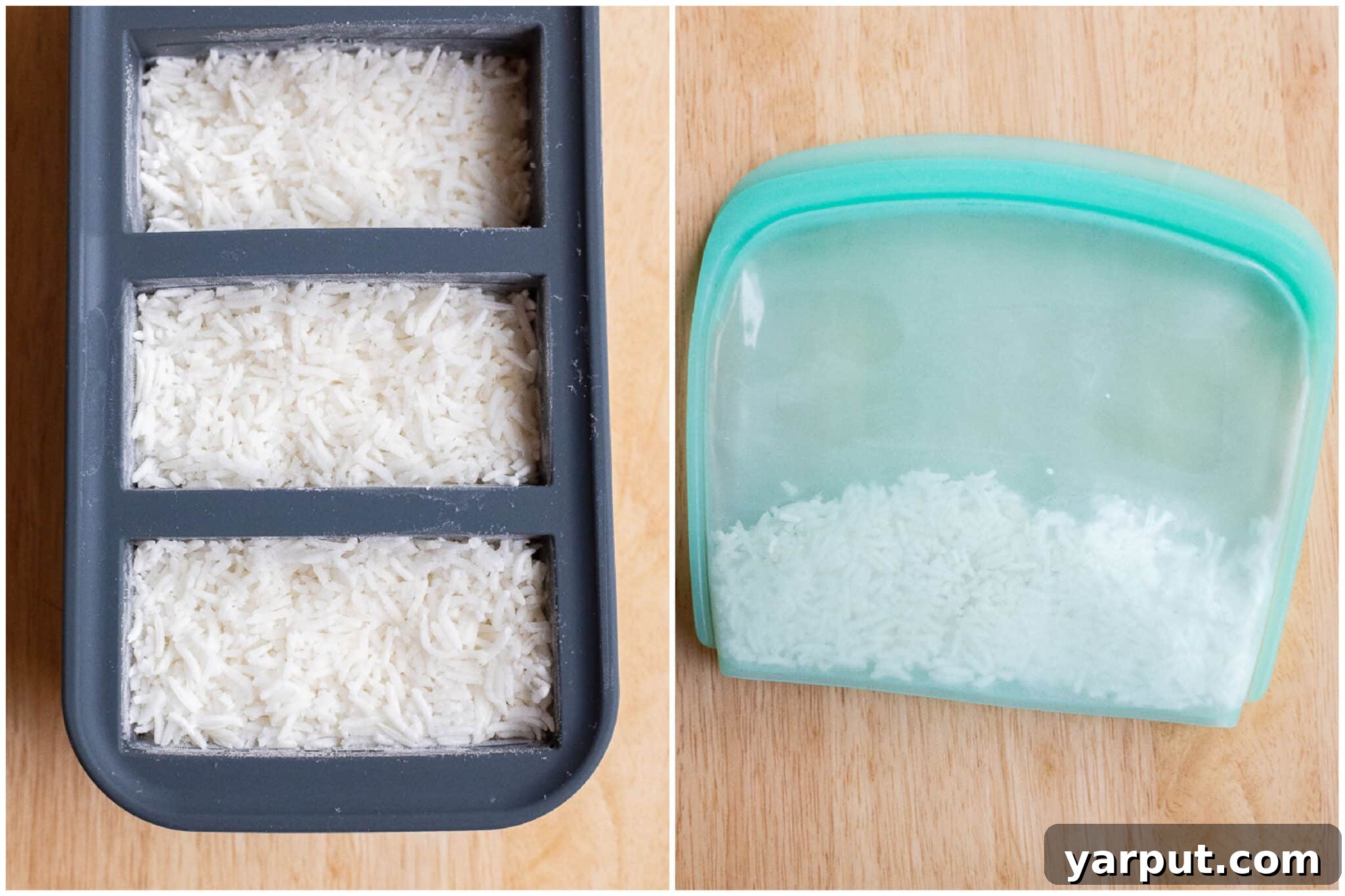 Mastering Rice Freezing for Convenient Cooking 5 Cooked rice being pressed into silicone molds for portioned freezing.