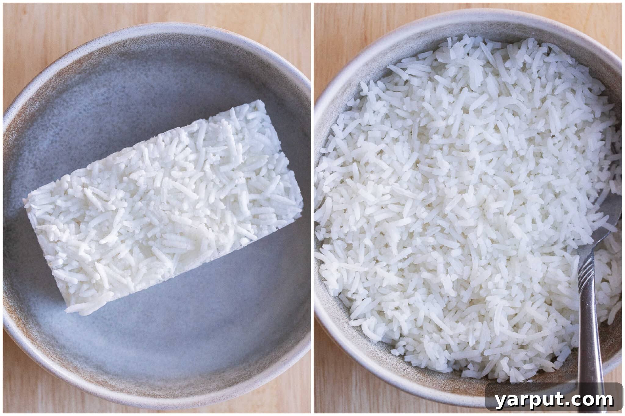 Mastering Rice Freezing for Convenient Cooking 6 Comparison image showing cooked rice before and after it has been thawed, highlighting texture retention.