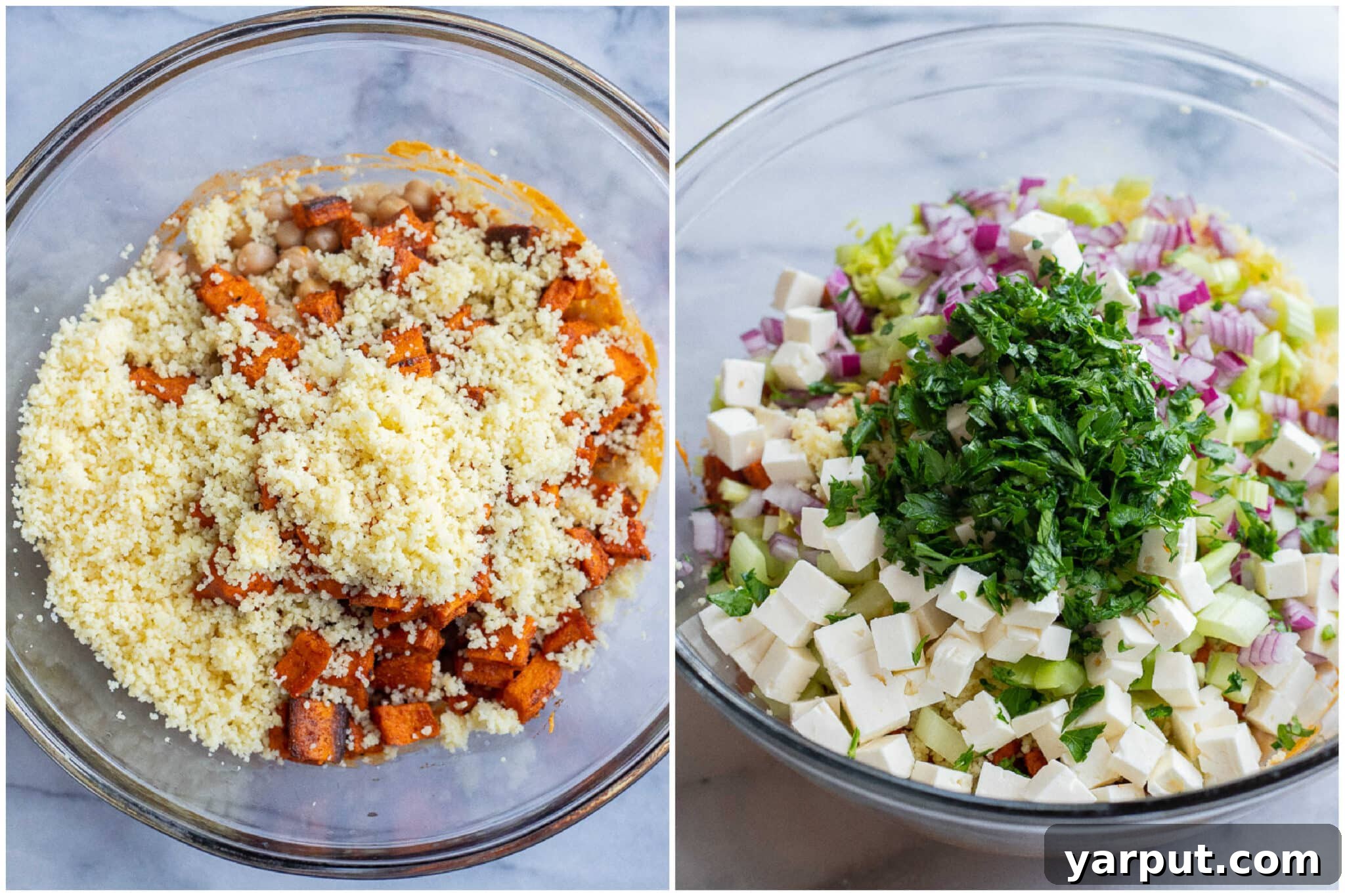 Spicy Buffalo Sweet Potato & Chickpea Power Bowls 4 All the fresh ingredients laid out before making the Buffalo Sweet Potato Chickpea Salad.