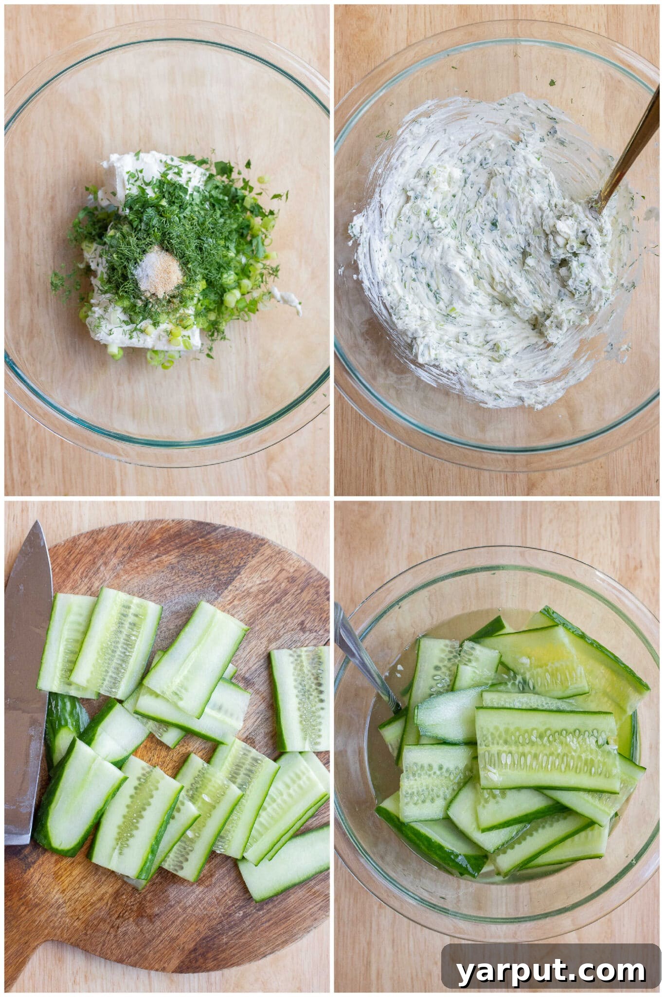 Cool and Crisp Cream Cheese Cucumber Sandwiches 3 Step-by-step imagery showing the preparation of herbed cream cheese and vinegar-marinated cucumbers for the ultimate sandwich filling.
