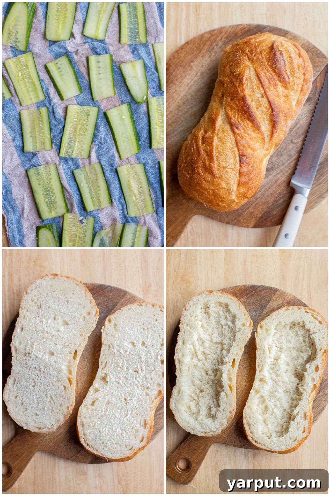 Cool and Crisp Cream Cheese Cucumber Sandwiches 4 Assembling a generously filled cream cheese and cucumber sandwich on a toasted sourdough baguette, showing layers of ingredients.