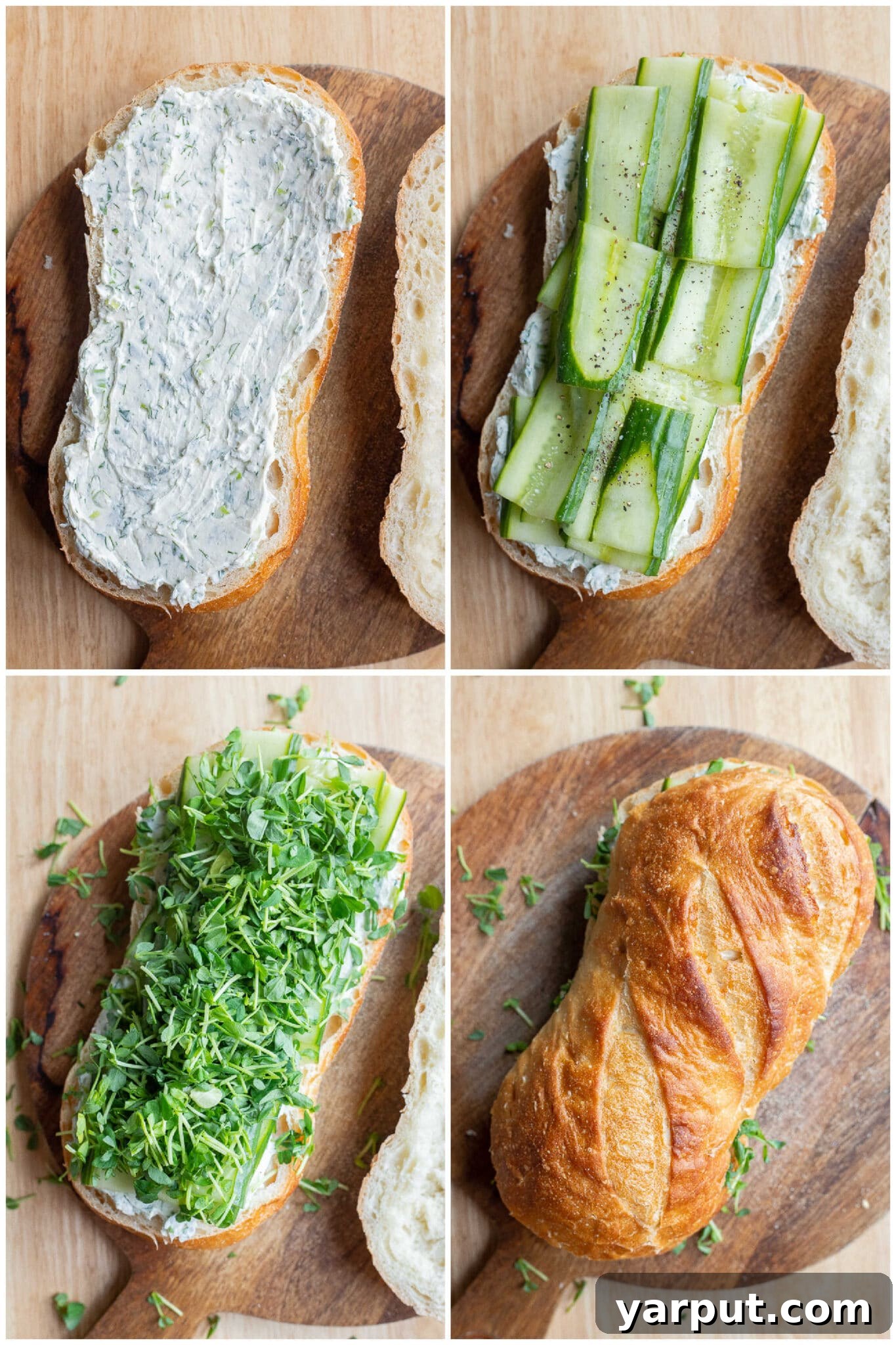 Cool and Crisp Cream Cheese Cucumber Sandwiches 5 Overview of the assembly process for refreshing cucumber cream cheese sandwiches, showcasing fresh ingredients and simple steps.