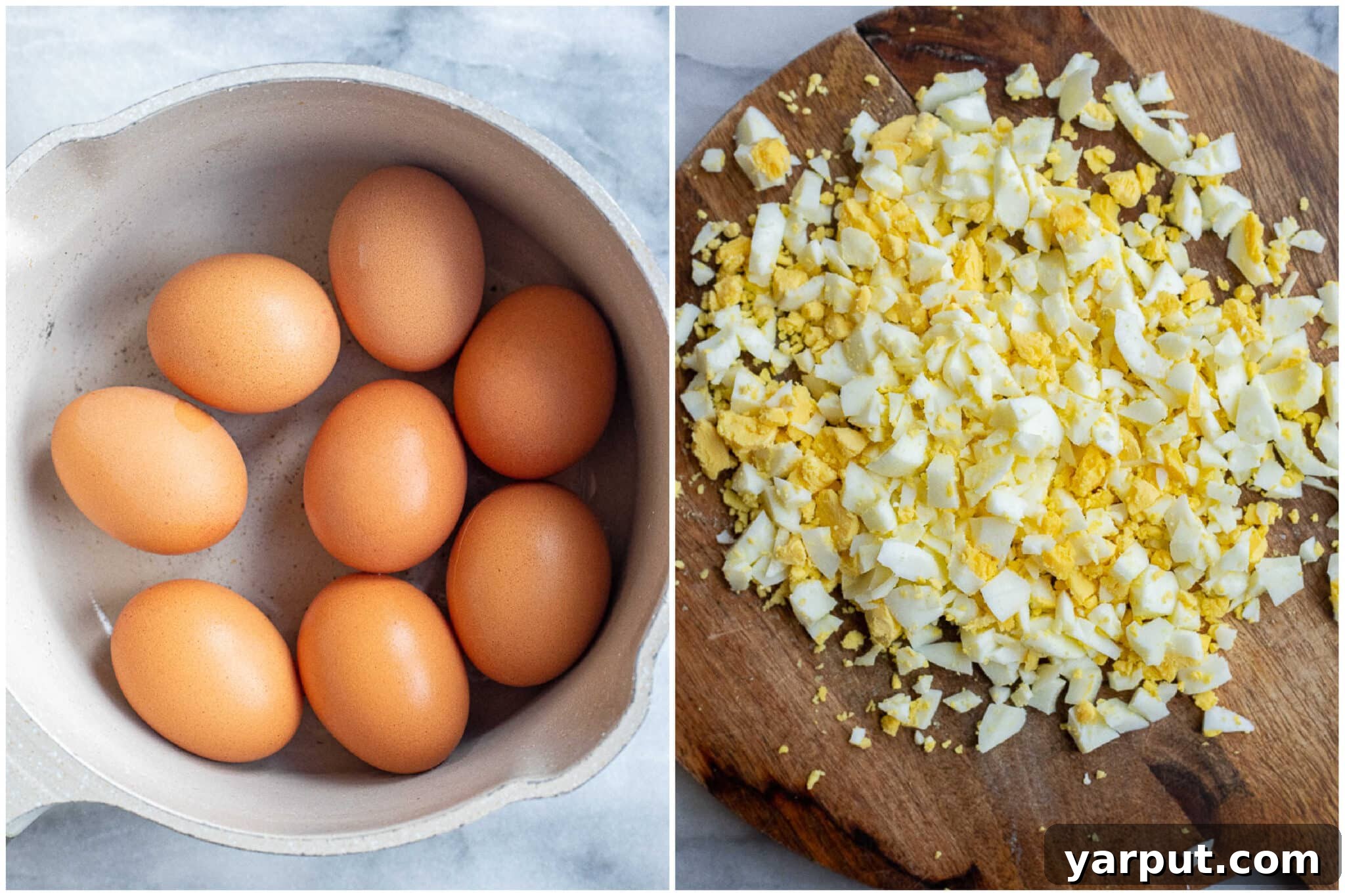 Protein-Packed Cottage Cheese Egg Salad 3 A two-part image showing hard-boiled eggs in a pot of water on the left, and the same eggs neatly sliced into quarters on a cutting board on the right, ready for chopping.