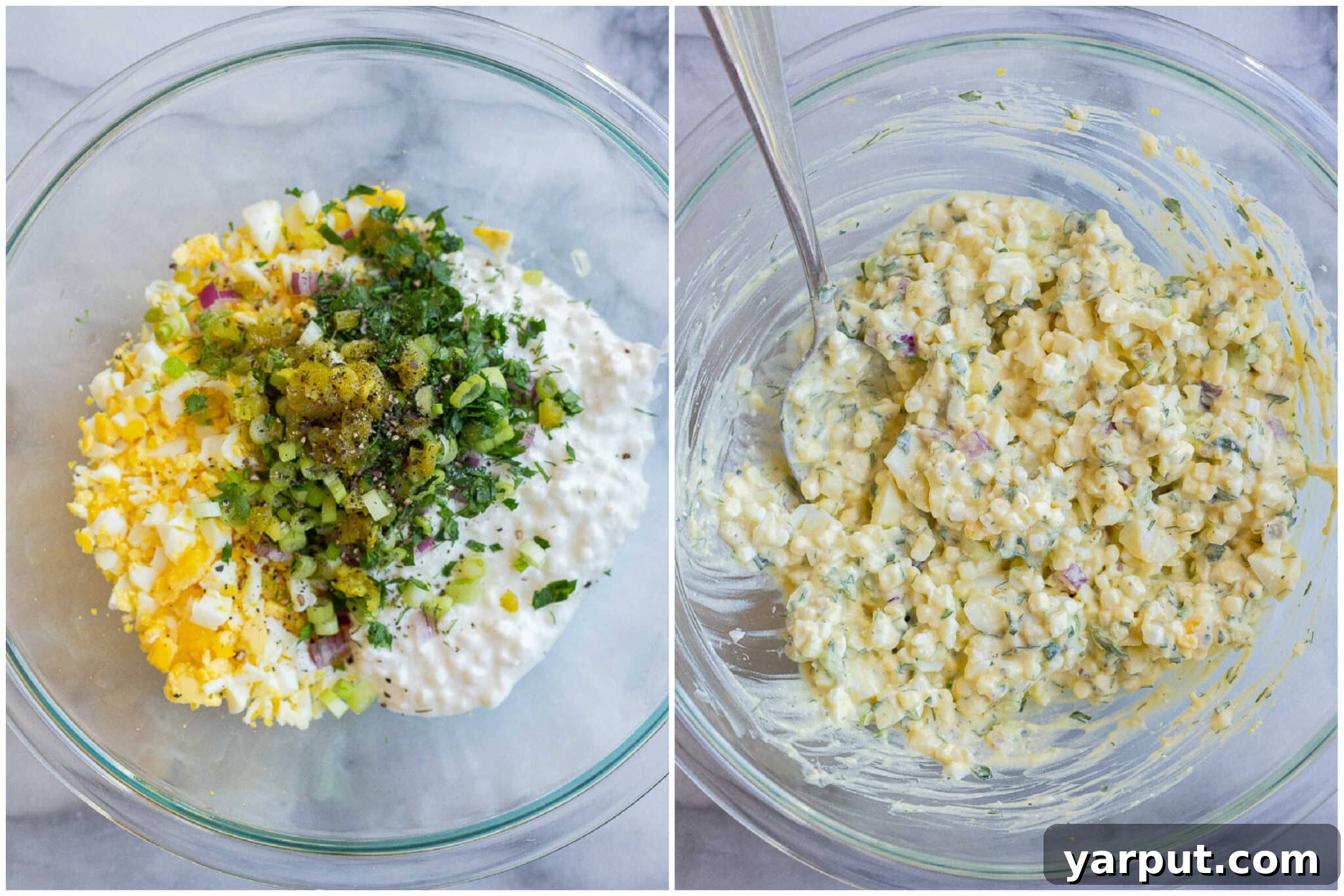 Protein-Packed Cottage Cheese Egg Salad 4 A side-by-side comparison of ingredients for cottage cheese egg salad; on the left, separate components, and on the right, the finished, mixed salad.
