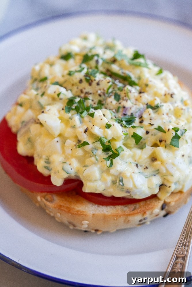 Protein-Packed Cottage Cheese Egg Salad 7 A close-up shot of a toasted bagel, generously topped with fresh tomato slices and a heap of high-protein cottage cheese egg salad.