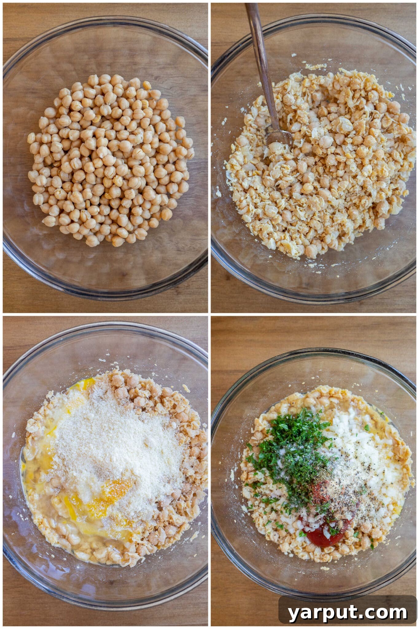 Effortless Veggie Meatballs 3 Step-by-step image showing the wholesome ingredients for vegetarian meatballs: chickpeas, fluffy couscous, fresh eggs, and grated Parmesan cheese, neatly laid out.