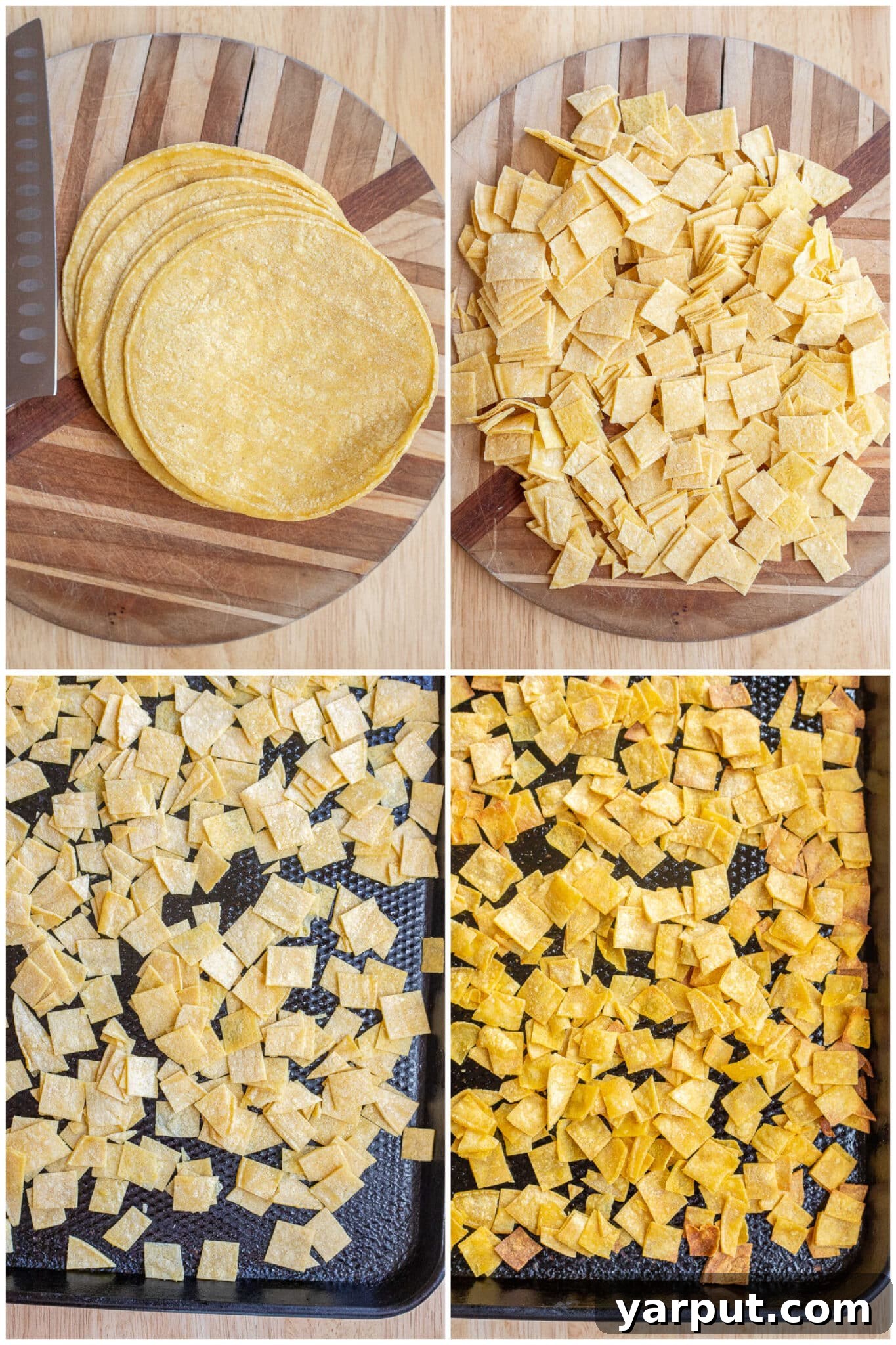 Spiced Pumpkin Pinto Taco Skillet 3 A close-up shot showing how to make crispy chopped corn tortillas, neatly arranged on a baking sheet before going into the oven.