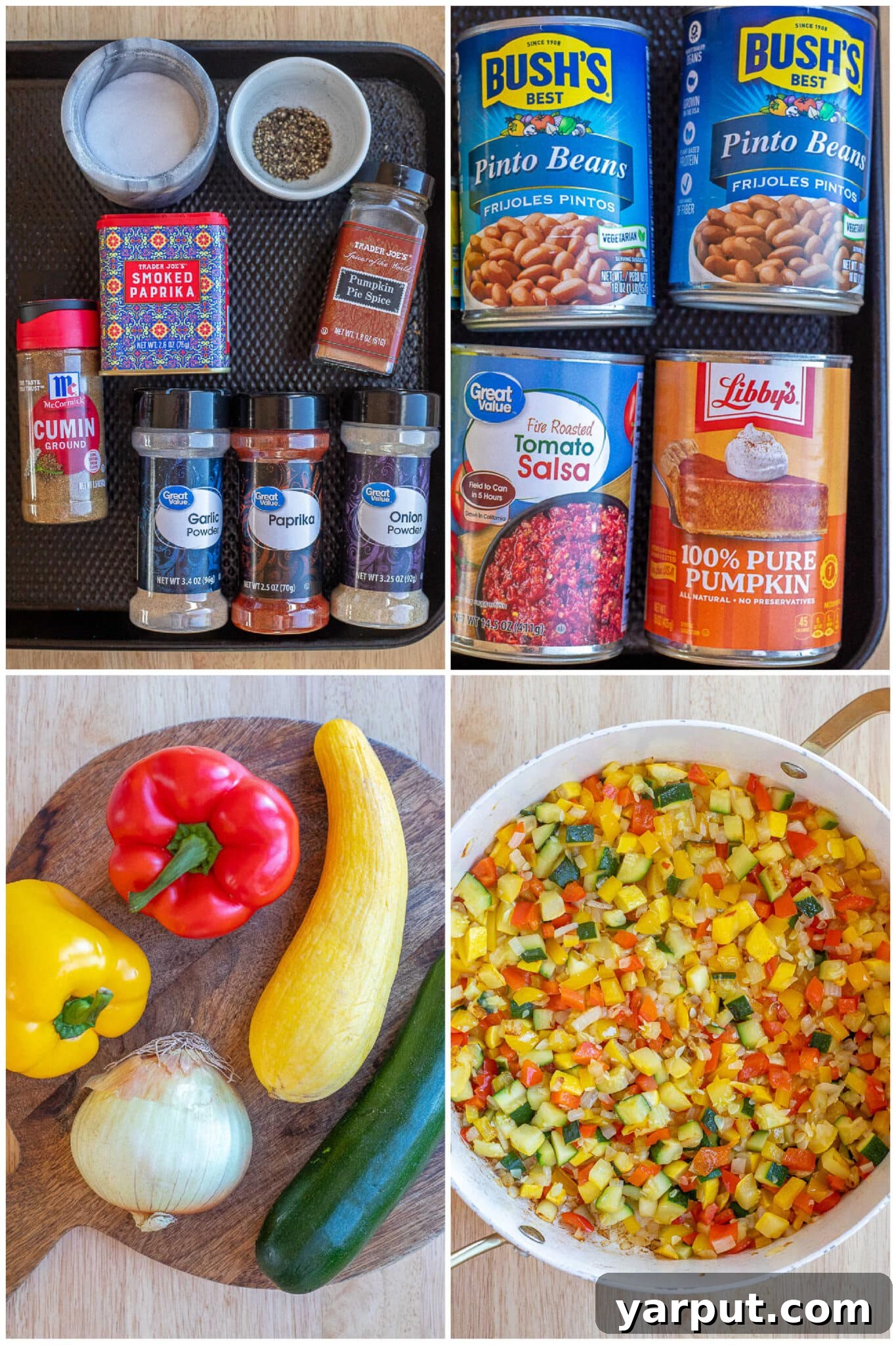 Spiced Pumpkin Pinto Taco Skillet 4 A beautifully arranged flat lay showing all the pantry ingredients and fresh veggies needed for this delicious pumpkin pinto bean taco skillet recipe.