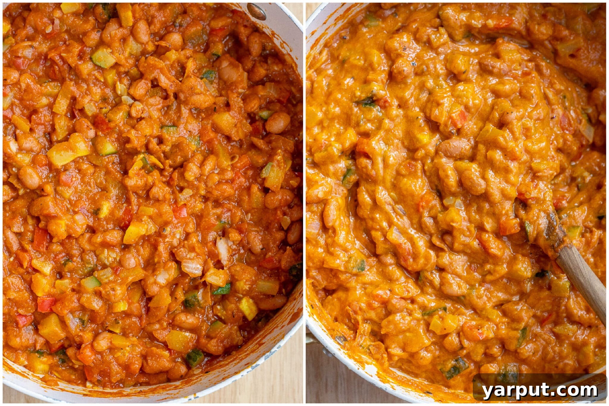 Spiced Pumpkin Pinto Taco Skillet 5 Before and after images of the pumpkin taco skillet, showing the ingredients stirred together before the cheese is added, and then after the cheese has melted and blended into the mixture.