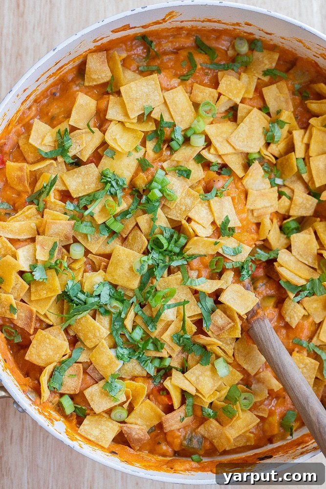 Spiced Pumpkin Pinto Taco Skillet 6 A bowl of vegetarian pumpkin pinto bean taco skillet topped generously with fresh herbs and a sprinkle of cheese, ready to be enjoyed.