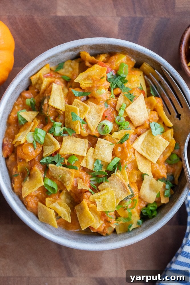 Spiced Pumpkin Pinto Taco Skillet 7 A hearty bowl of pumpkin pinto bean taco skillet, beautifully topped with crispy corn tortillas, vibrant cilantro, and a dollop of sour cream, ready to be devoured.
