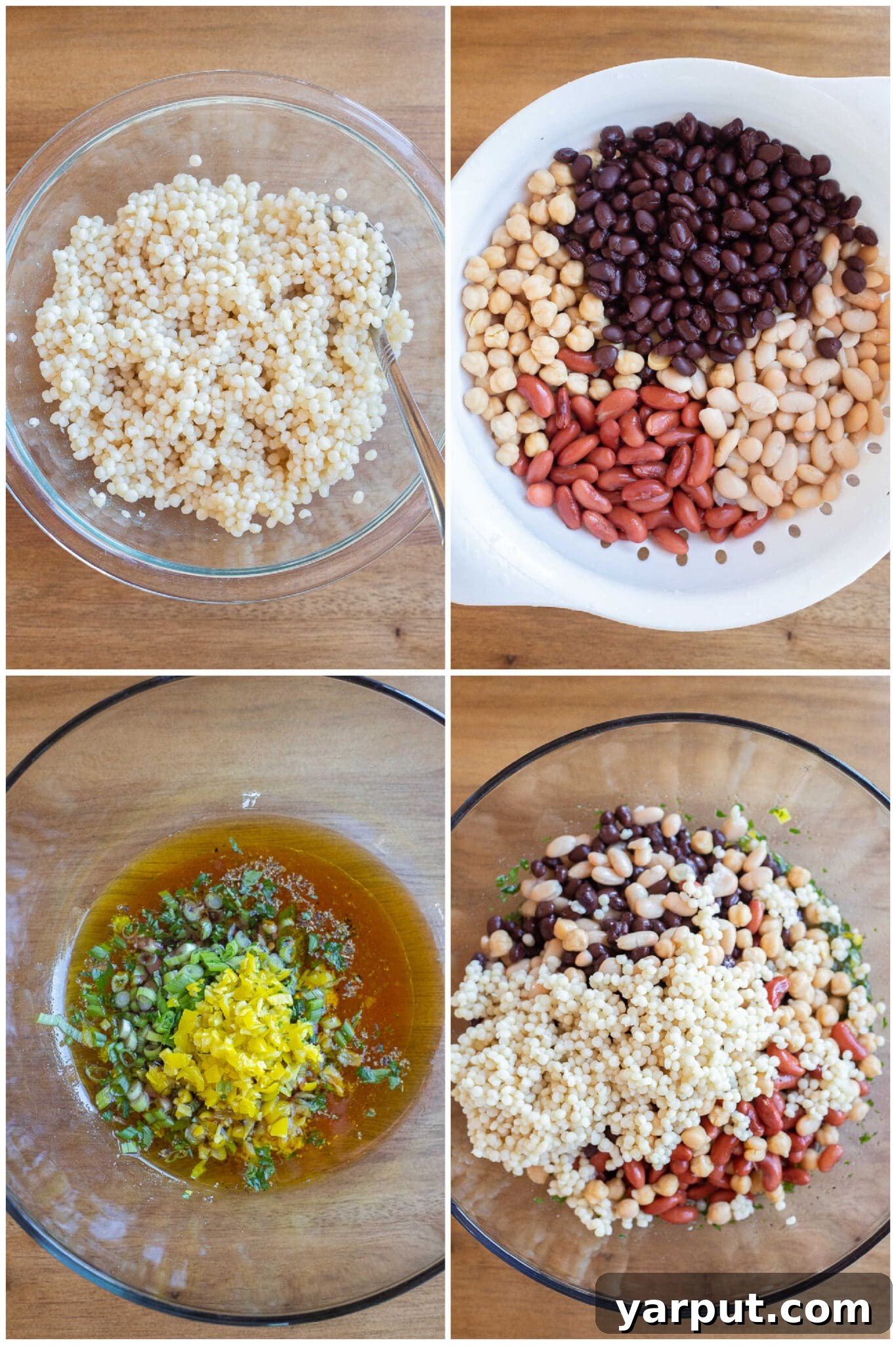 Mediterranean Pearl Couscous with Four Beans 3 showing how to assemble this four bean salad recipe