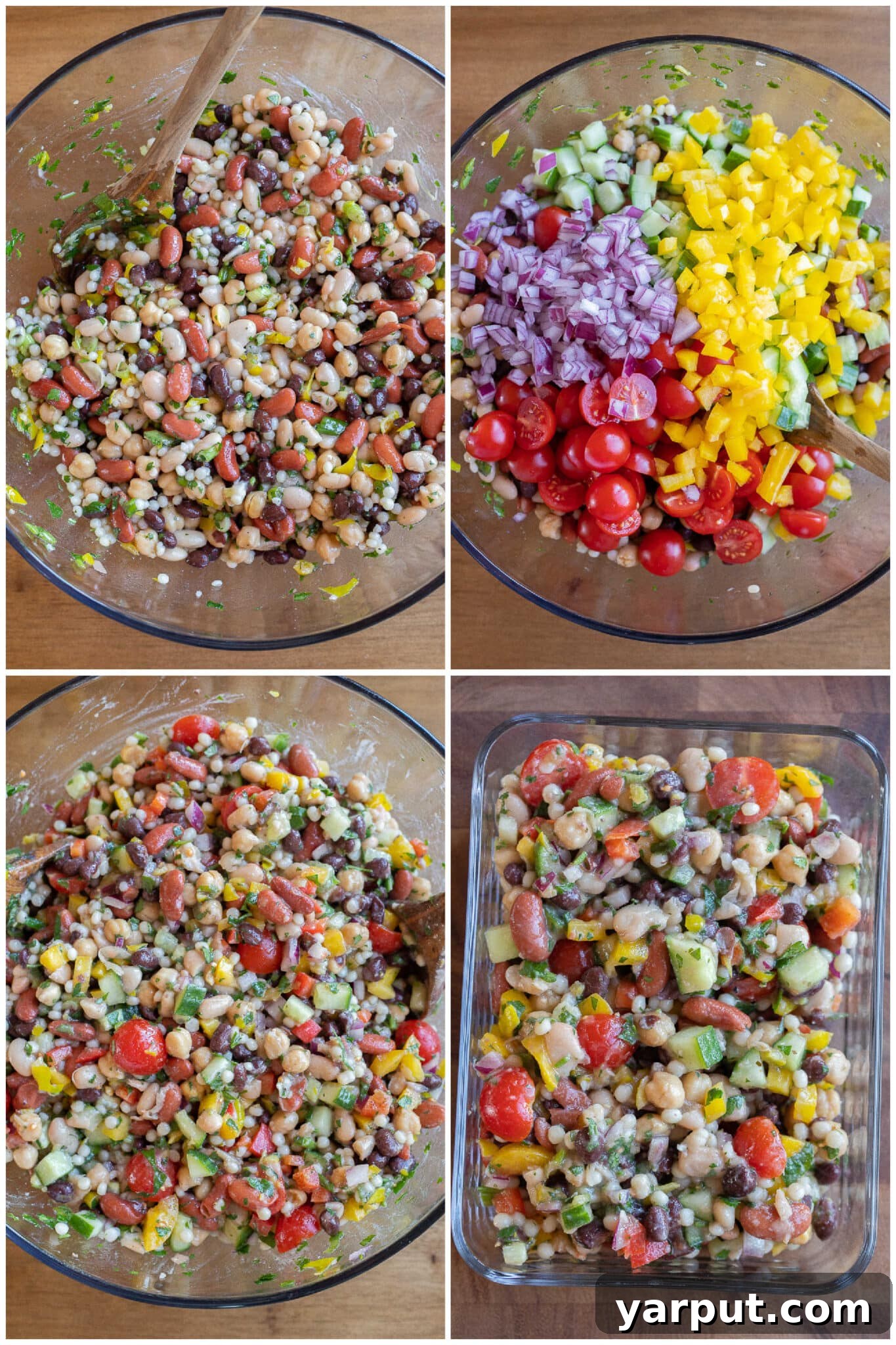 Mediterranean Pearl Couscous with Four Beans 4 showing how to prepare this veggie packed bean and couscous salad