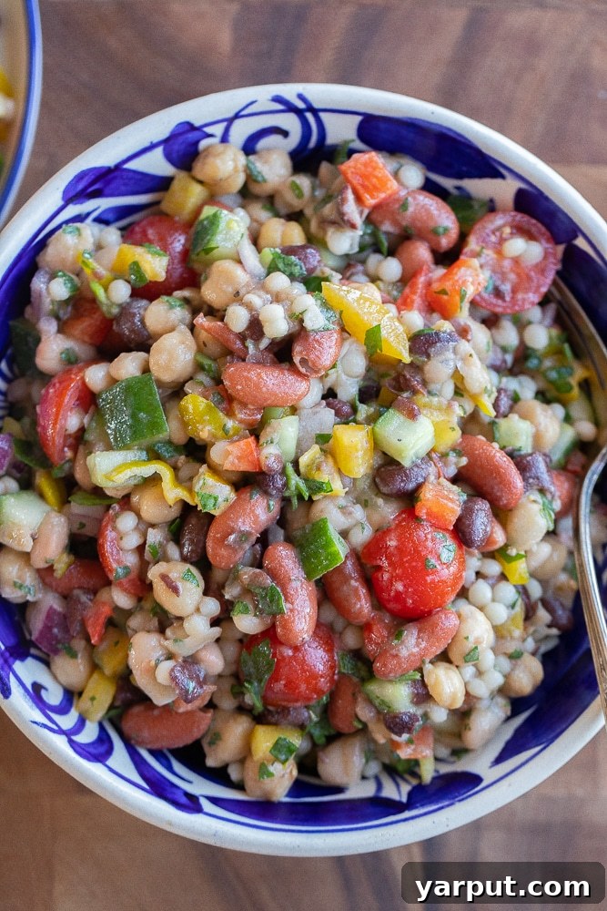 Mediterranean Pearl Couscous with Four Beans 5 close up of a bowl of four bean couscous salad