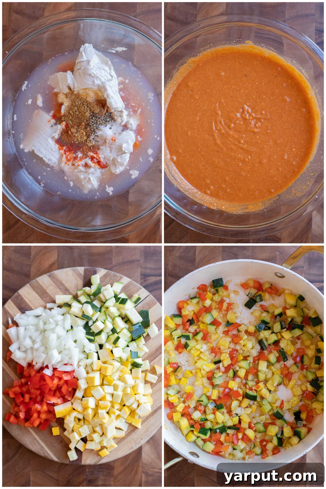 Creamy Pumpkin Red Curry with Chickpeas & Veggies 4 A visual guide showing the preparation steps for the pumpkin red curry sauce and the sautéing of vegetables in a pan.