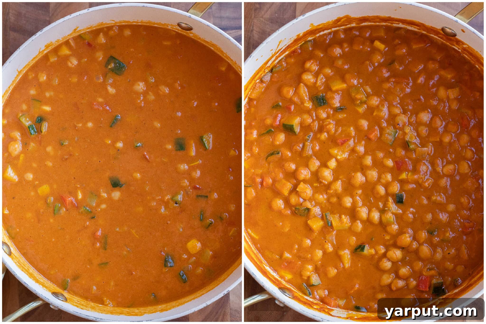 Creamy Pumpkin Red Curry with Chickpeas & Veggies 5 A side-by-side comparison image showing the pumpkin red curry chickpeas, first as a liquid sauce in the pan, then after it has simmered and thickened to a rich, creamy consistency.