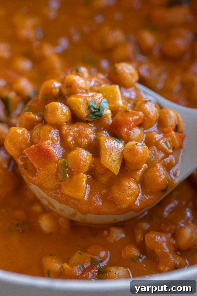 Creamy Pumpkin Red Curry with Chickpeas & Veggies 6 A close-up shot of a soup ladle brimming with the thick, creamy pumpkin chickpea curry and mixed vegetables, highlighting its rich texture.