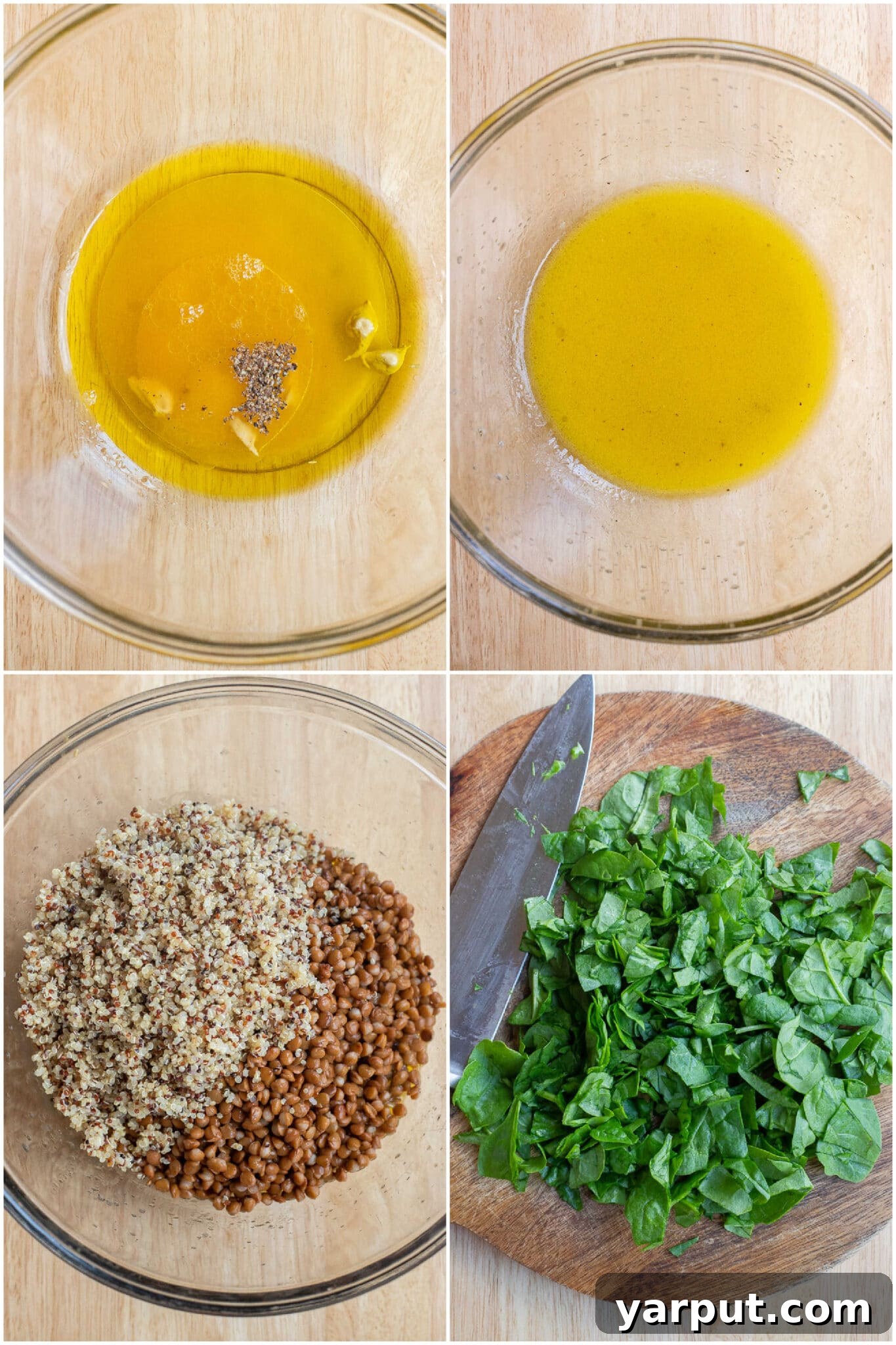 Energizing Spinach Lentil Power Salad 3 showing how to make an easy citrus salad dressing to add to the quinoa, lentils and spinach