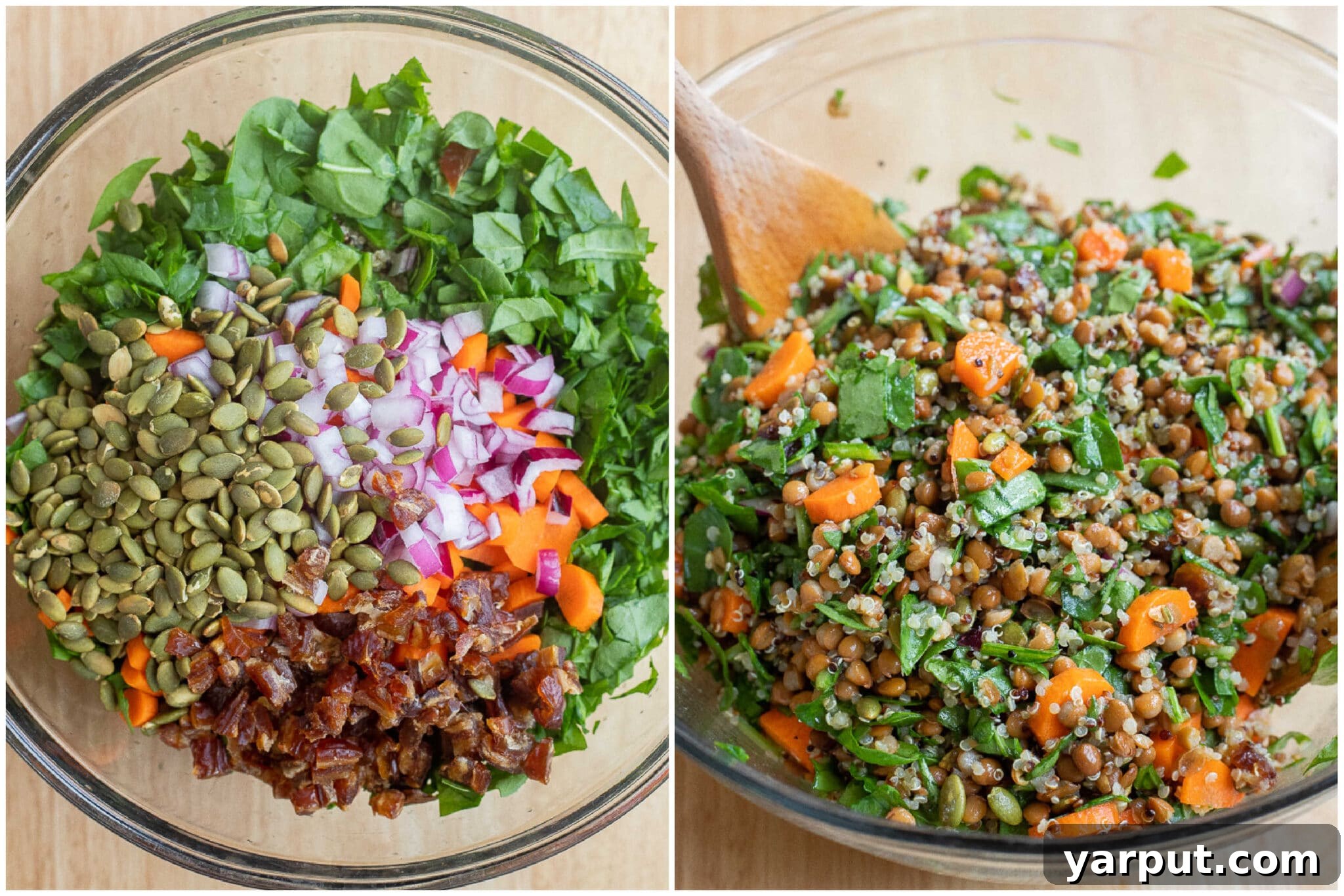 Energizing Spinach Lentil Power Salad 4 loaded spinach lentil quinoa salad in a mixing bowl