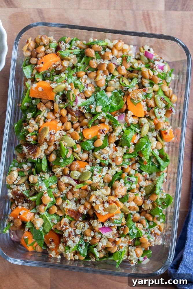 Energizing Spinach Lentil Power Salad 7 spinach lentil salad in a glass meal prep container