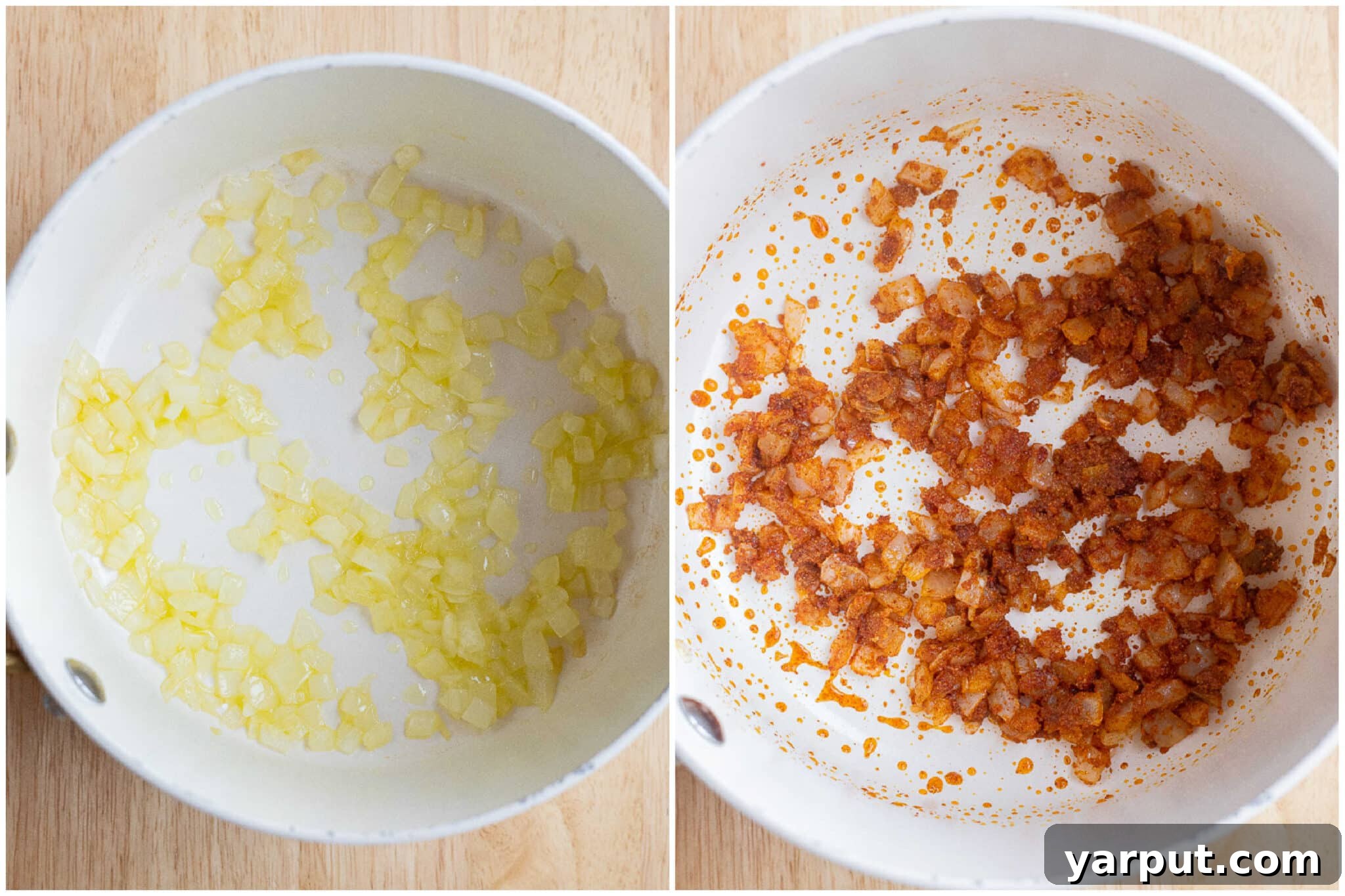 Sautéed onions with aromatic spices cooking in a saucepan, building the flavor base for the cheesy beans.
