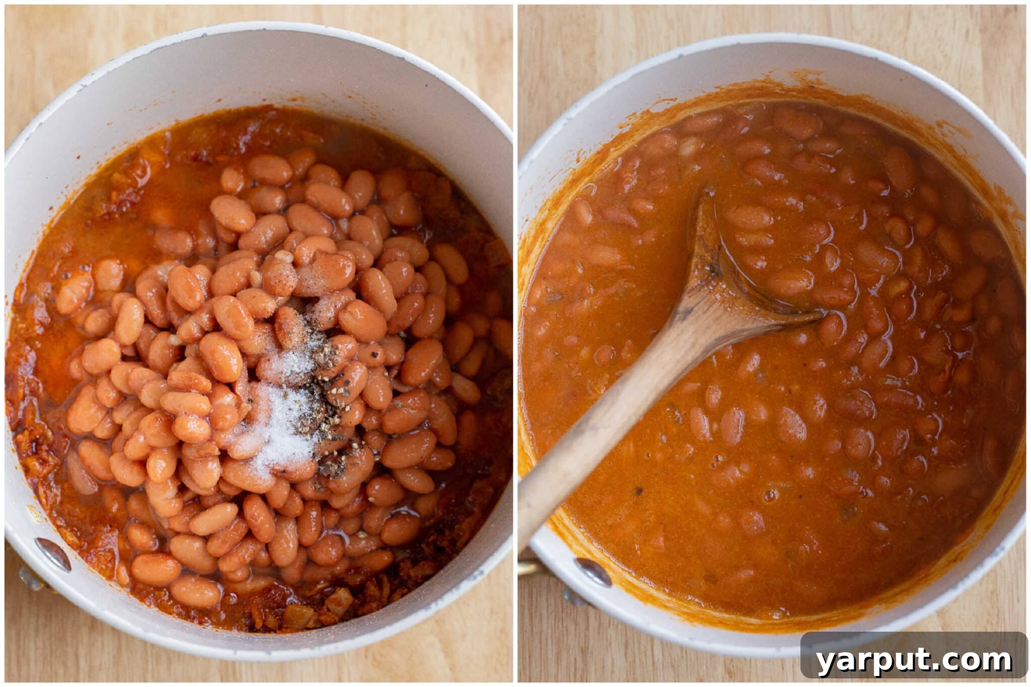 Seasoned pinto beans simmering in a saucepan on the stovetop, ready for cheese.