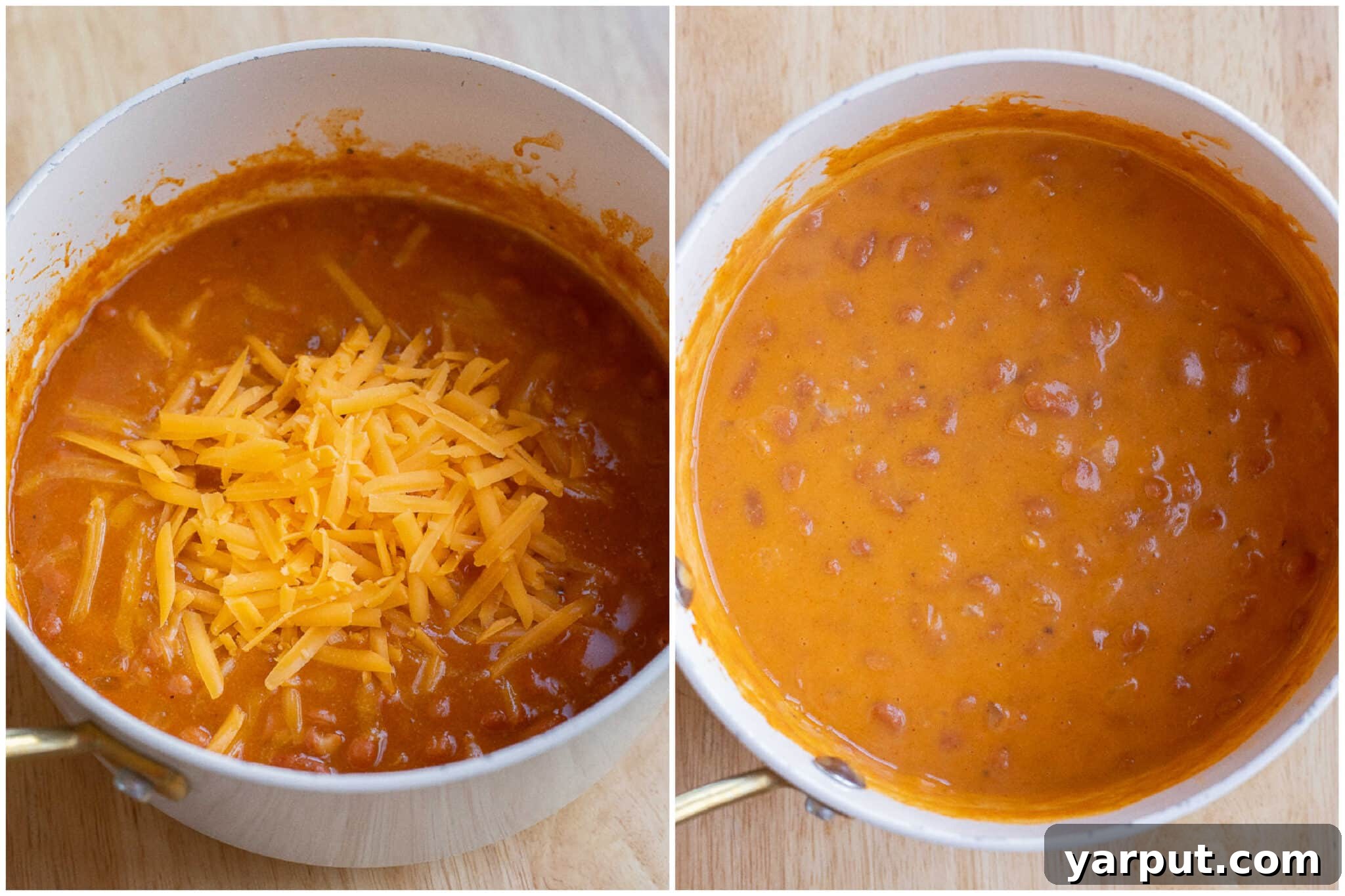 Cheesy pinto beans simmering in a small saucepan, melted cheddar cheese creating a rich texture.