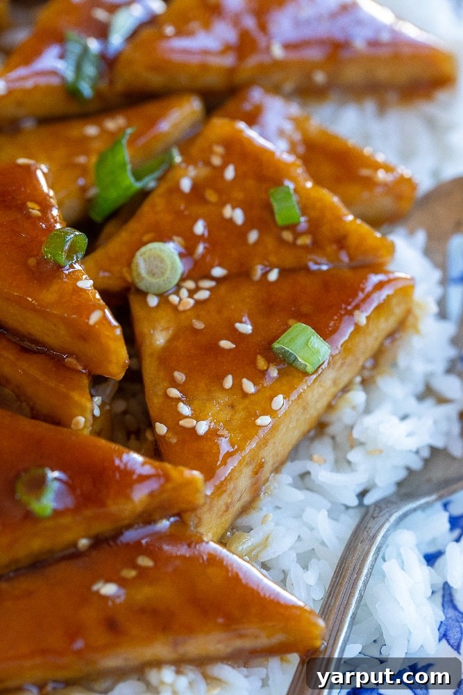 Effortless Glazed Teriyaki Tofu 7 Stylized shot of a plate of teriyaki tofu, rice, and greens