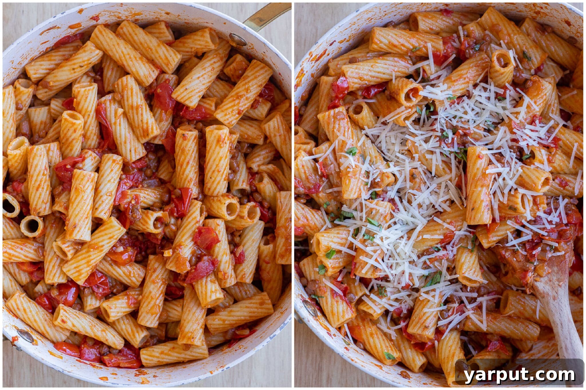 Balsamic lentil pasta before and after parmesan cheese has been mixed in.