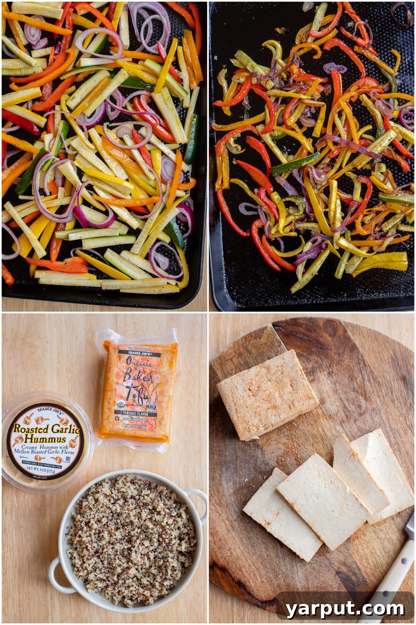 Protein-Packed Veggie Wraps 3 showing the ingredients needed to make these hummus, quinoa and tofu wraps with roasted vegetables