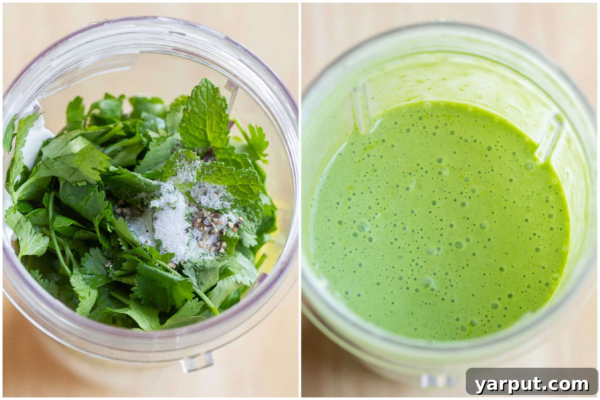 Protein-Packed Veggie Wraps 4 showing how to make this vibrant green herby yogurt dressing that goes inside of the wraps