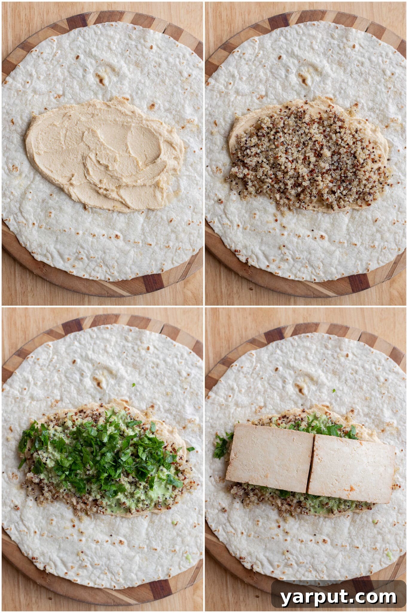 Protein-Packed Veggie Wraps 5 showing how to assemble these easy vegetarian wraps with all the needed ingredients