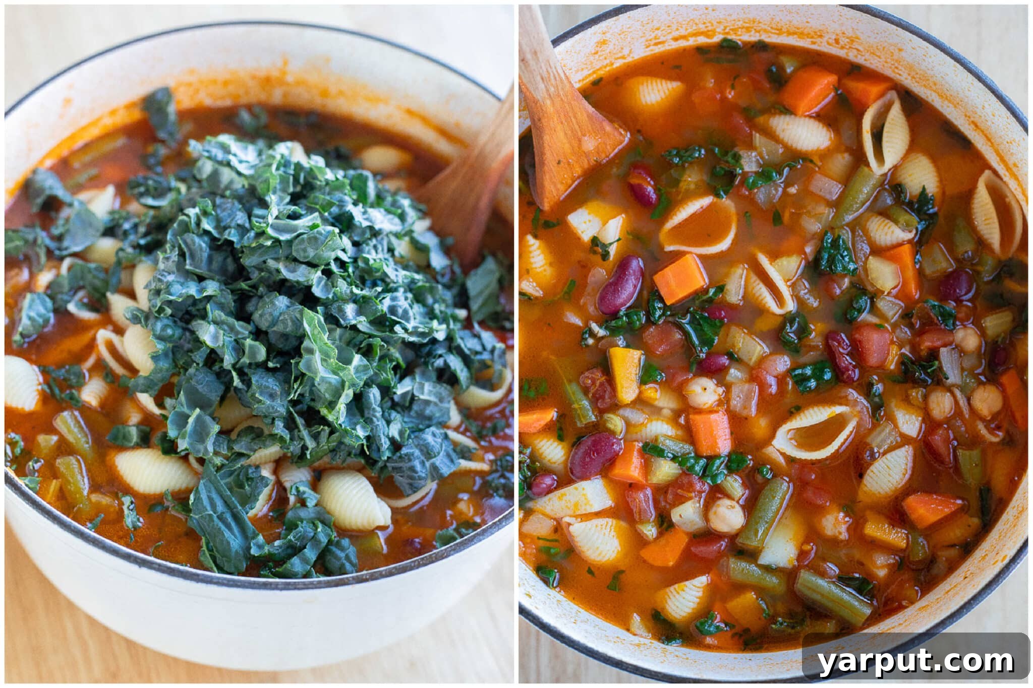 Hearty Minestrone Soup 5 minestrone soup before and after the kale and pasta has been mixed in