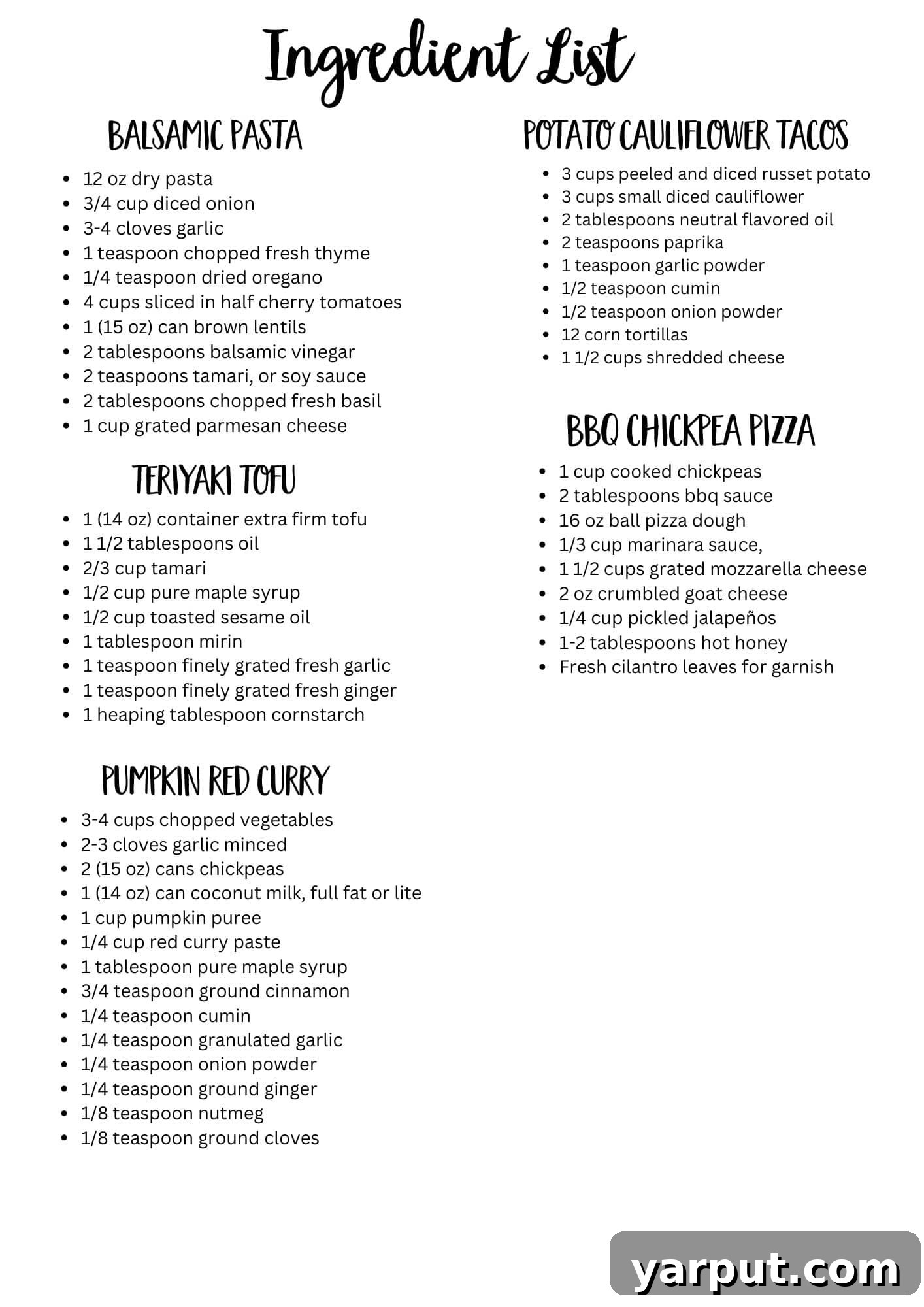 A printable grocery list divided by recipe, showing ingredients needed for a week of vegetarian meals.