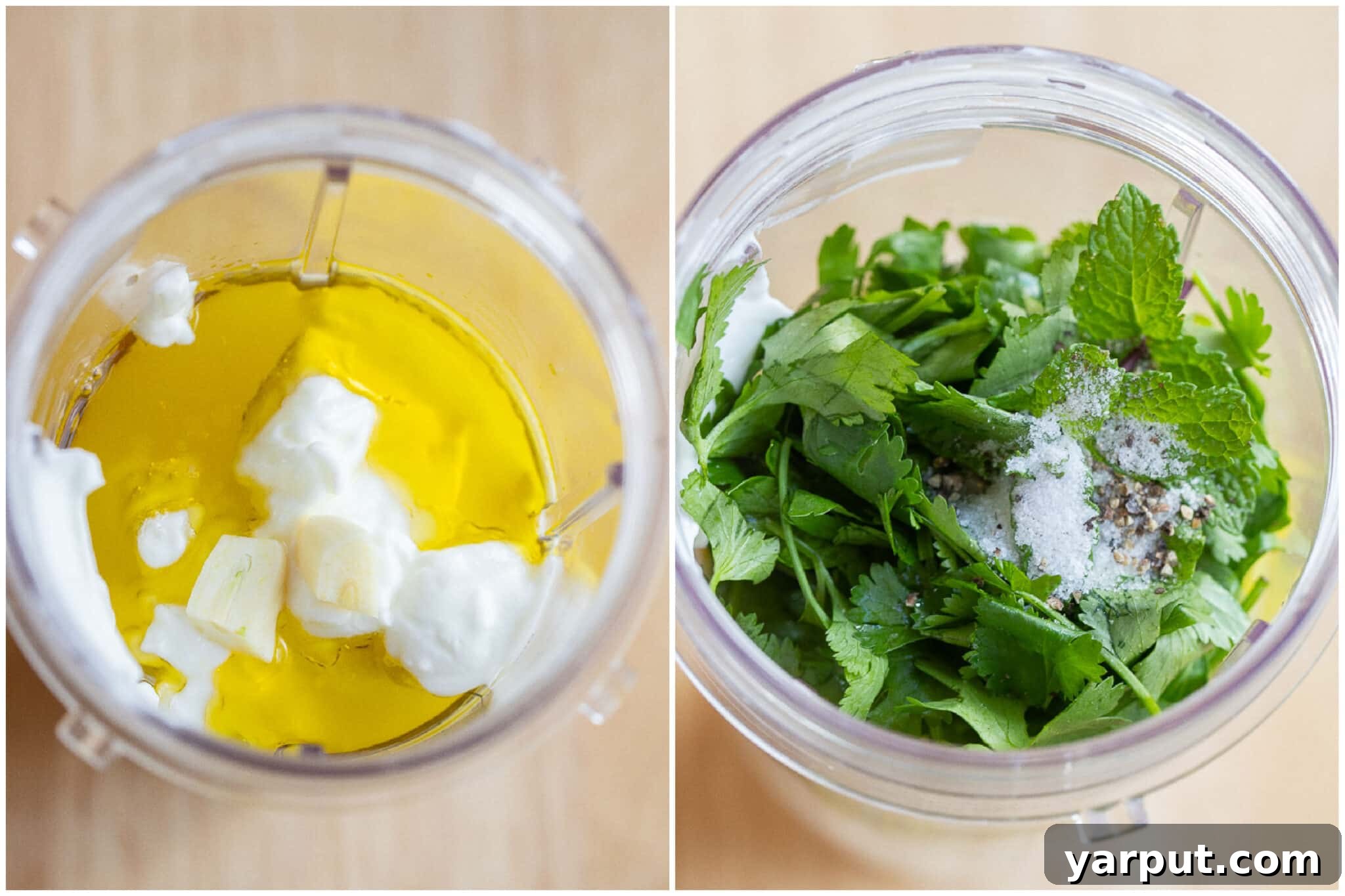 Vibrant Herb Yogurt Dressing 5 herbed yogurt dressing ingredients in a blender