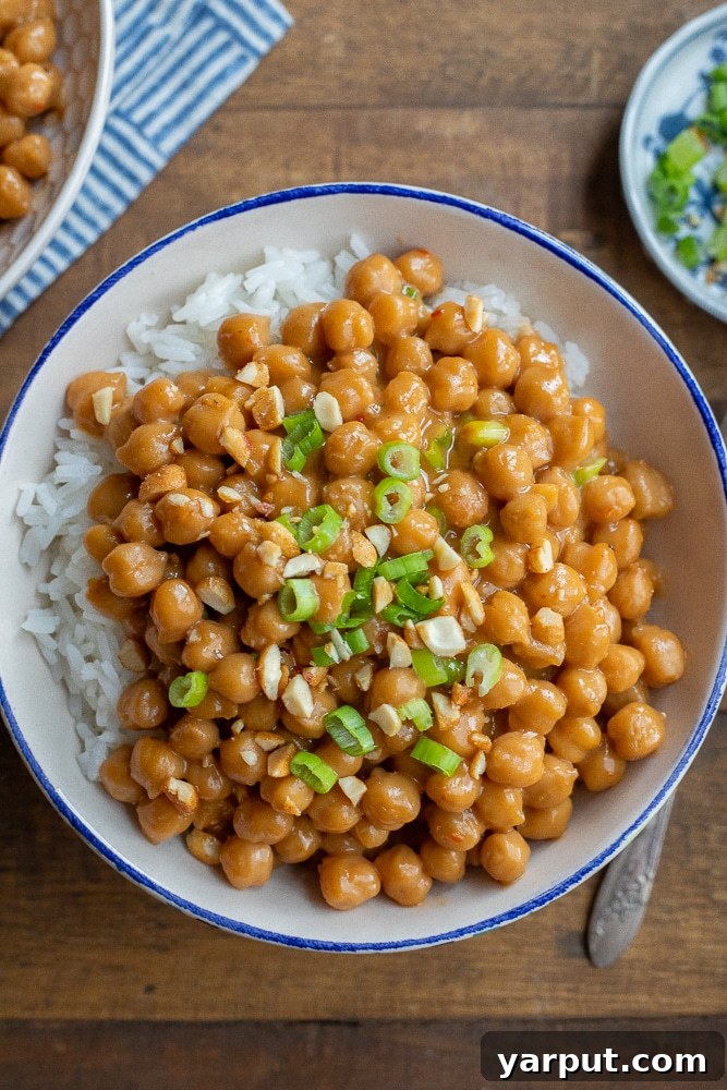 Effortless Vegetarian Eats: Week 10 6 Peanut Butter Chickpeas served with rice and green beans in a bowl, a quick and easy vegetarian meal