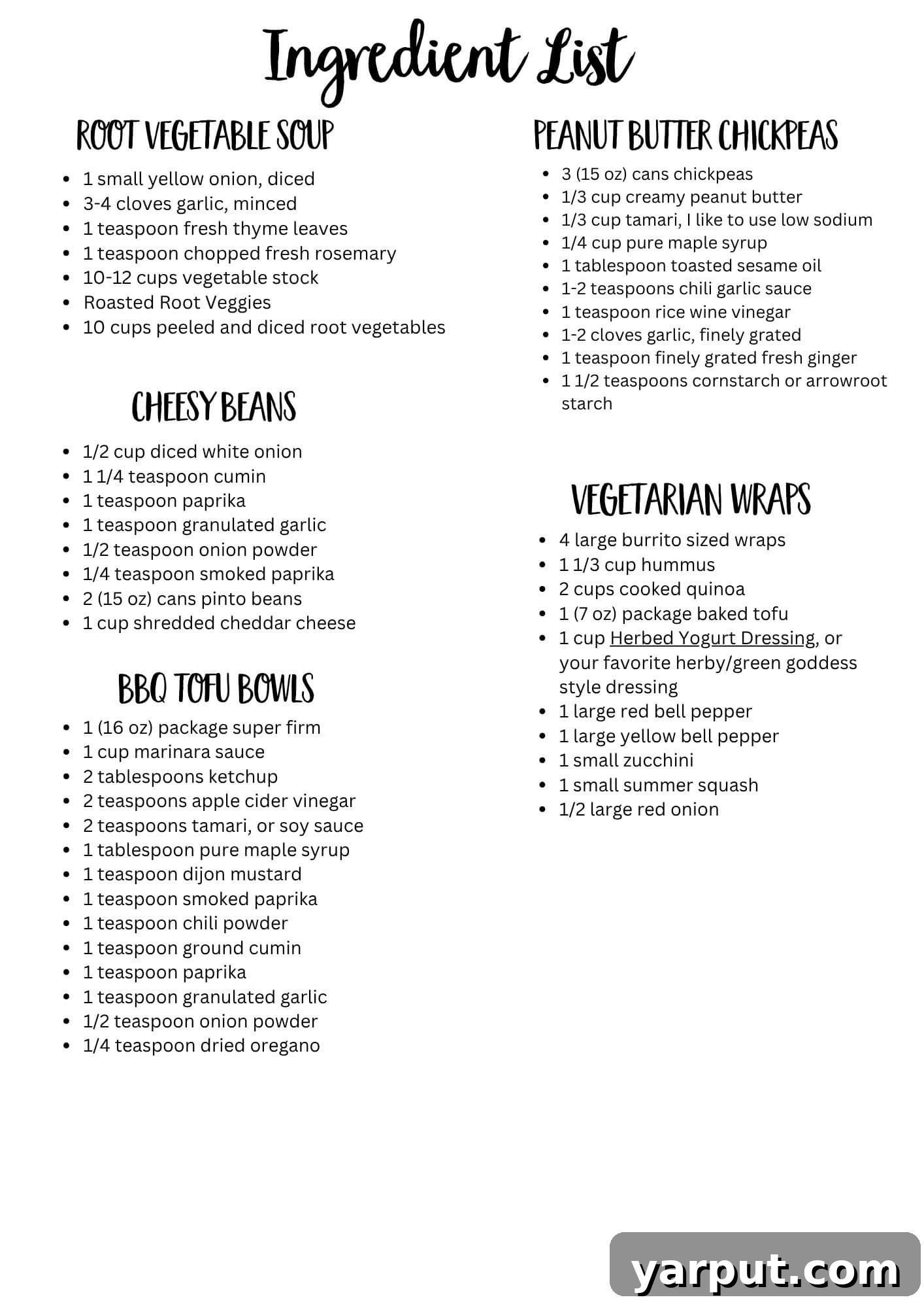 Effortless Vegetarian Eats: Week 10 8 Printable shopping list for the Easy Vegetarian Meal Plan, detailing all necessary ingredients