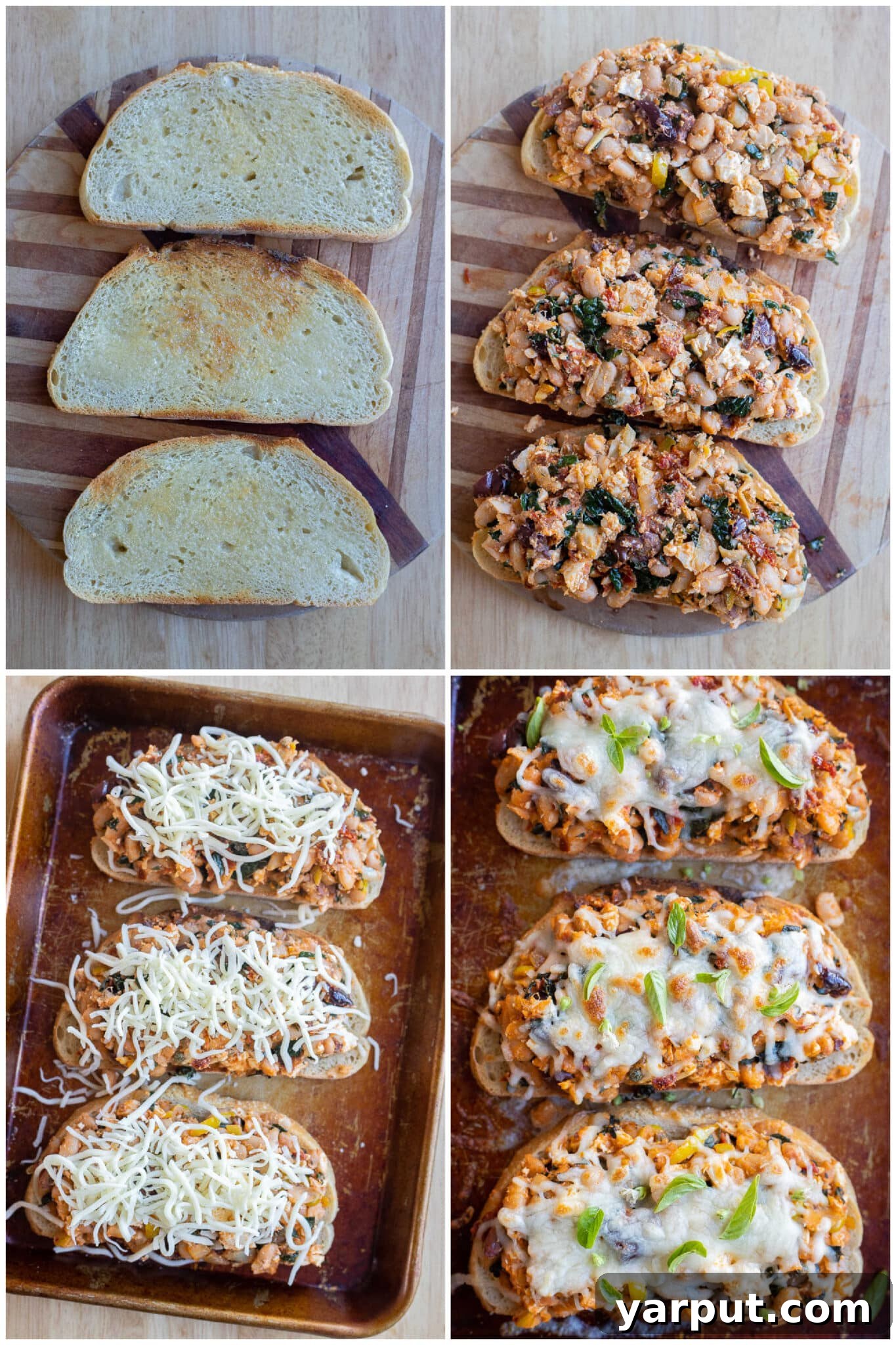 Tuscan White Bean Toast 5 showing how to prepare the white bean toasts topped with mozzarella cheese