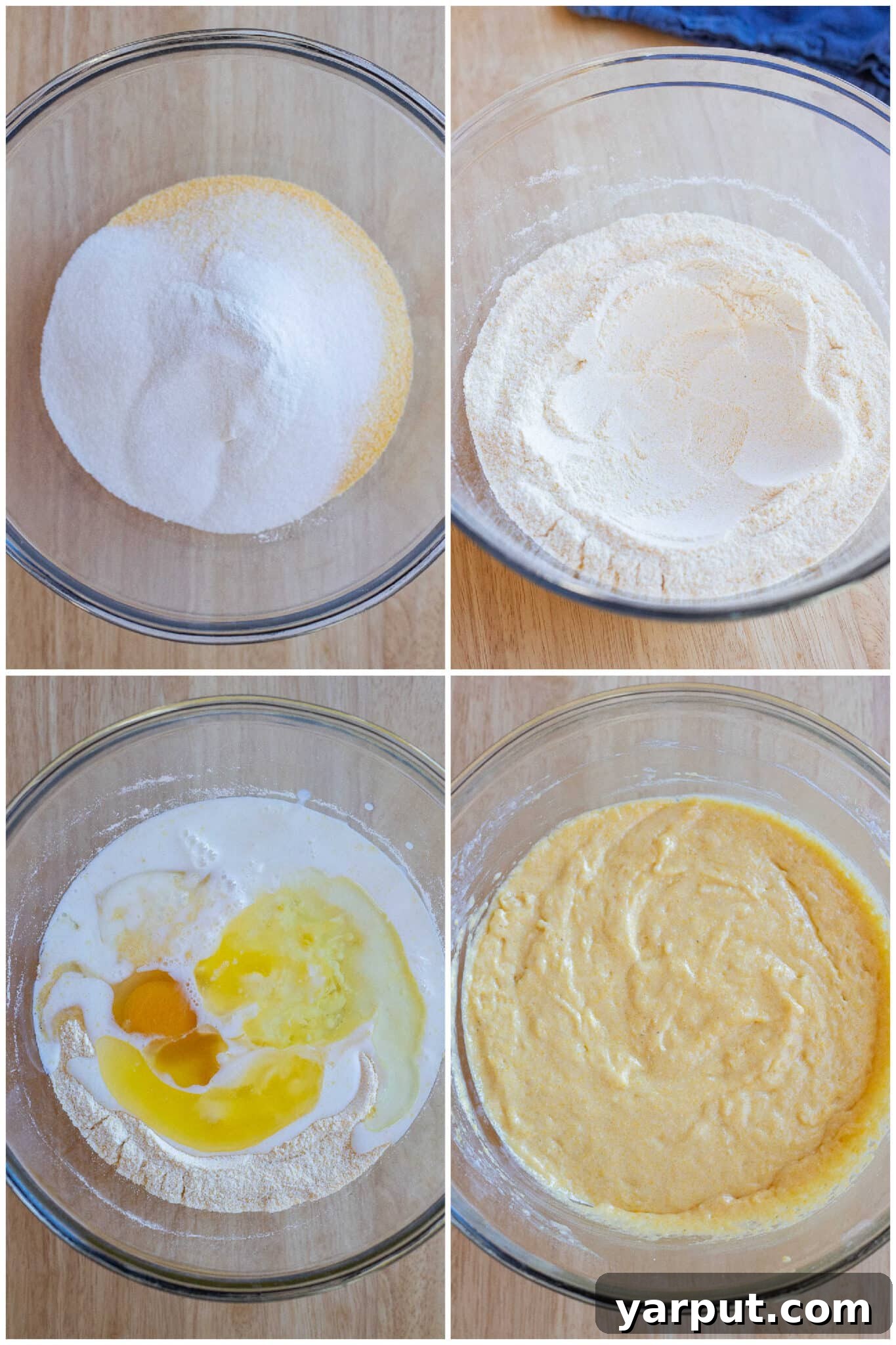 Golden Cornbread Perfection 3 Hands carefully mixing the cornbread batter in a large mixing bowl, showcasing the ease of preparation for this delicious recipe.