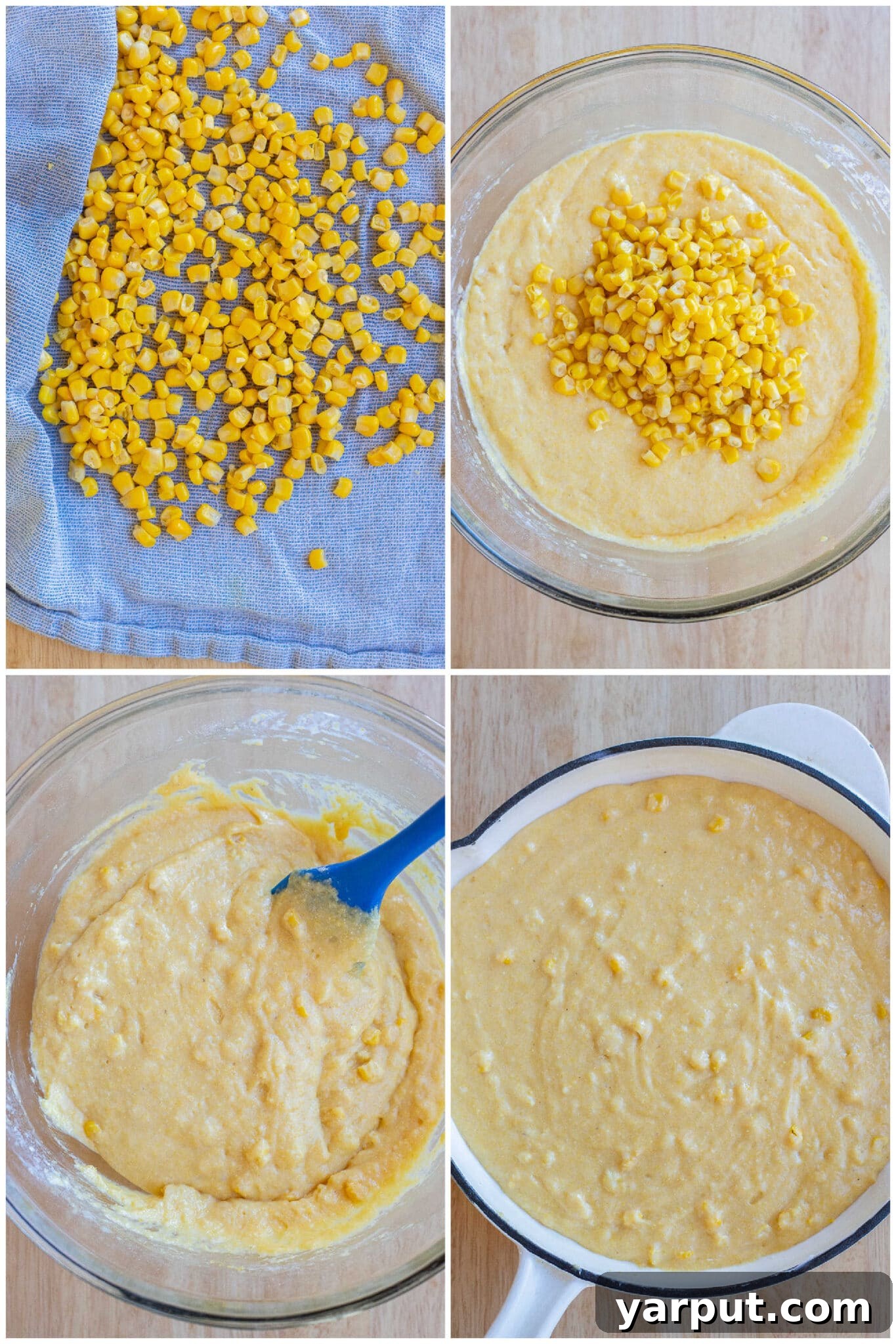 Golden Cornbread Perfection 4 Close-up view of cornbread batter being smoothly poured into a prepared baking pan, ready for the oven.