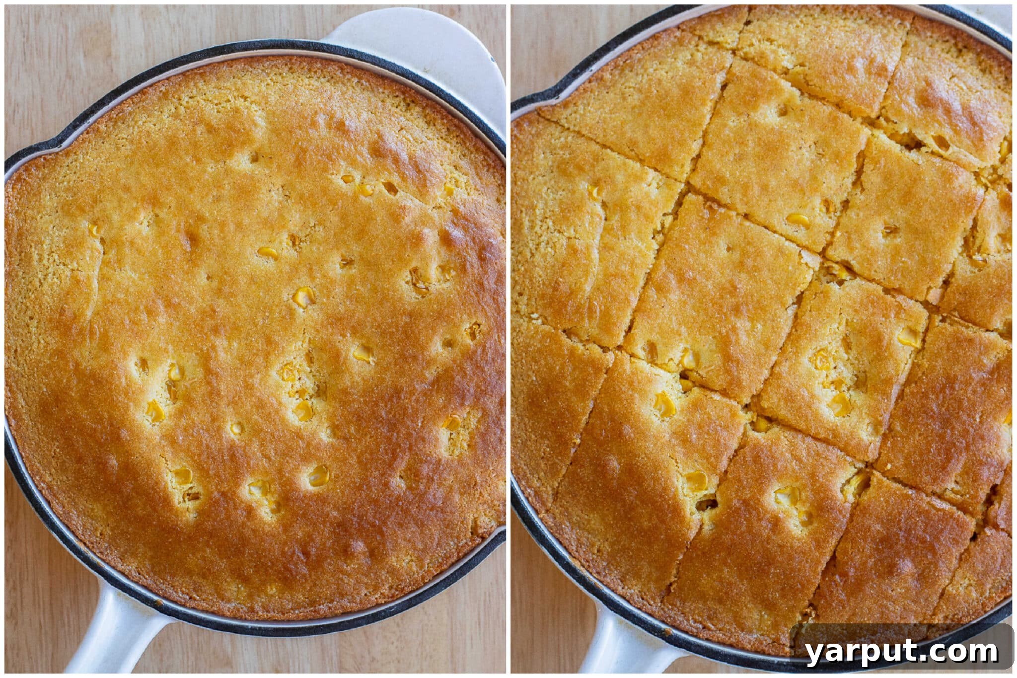 Golden Cornbread Perfection 5 A baked pan of perfect cornbread, freshly out of the oven, expertly sliced into individual squares ready to be served.
