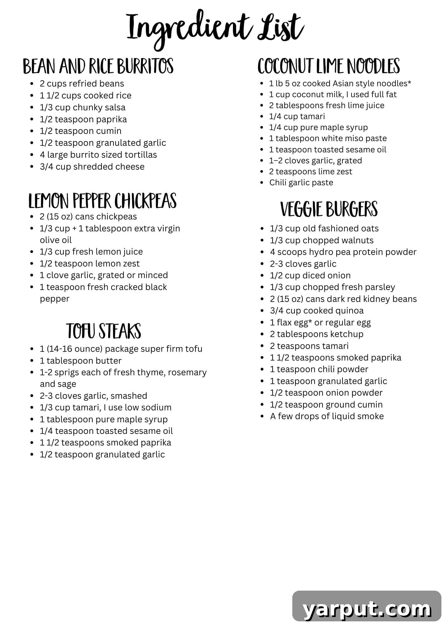 Effortless Plant-Based Meals Week 11 8 Printable Ingredient List for Easy Vegetarian Meal Plan