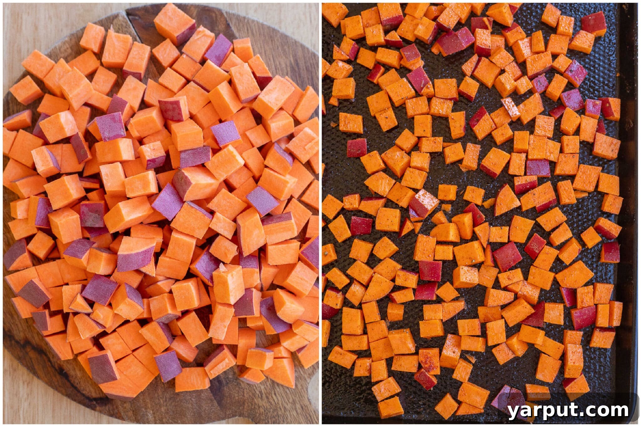 showing how to prepare the sweet potatoes to be roasted