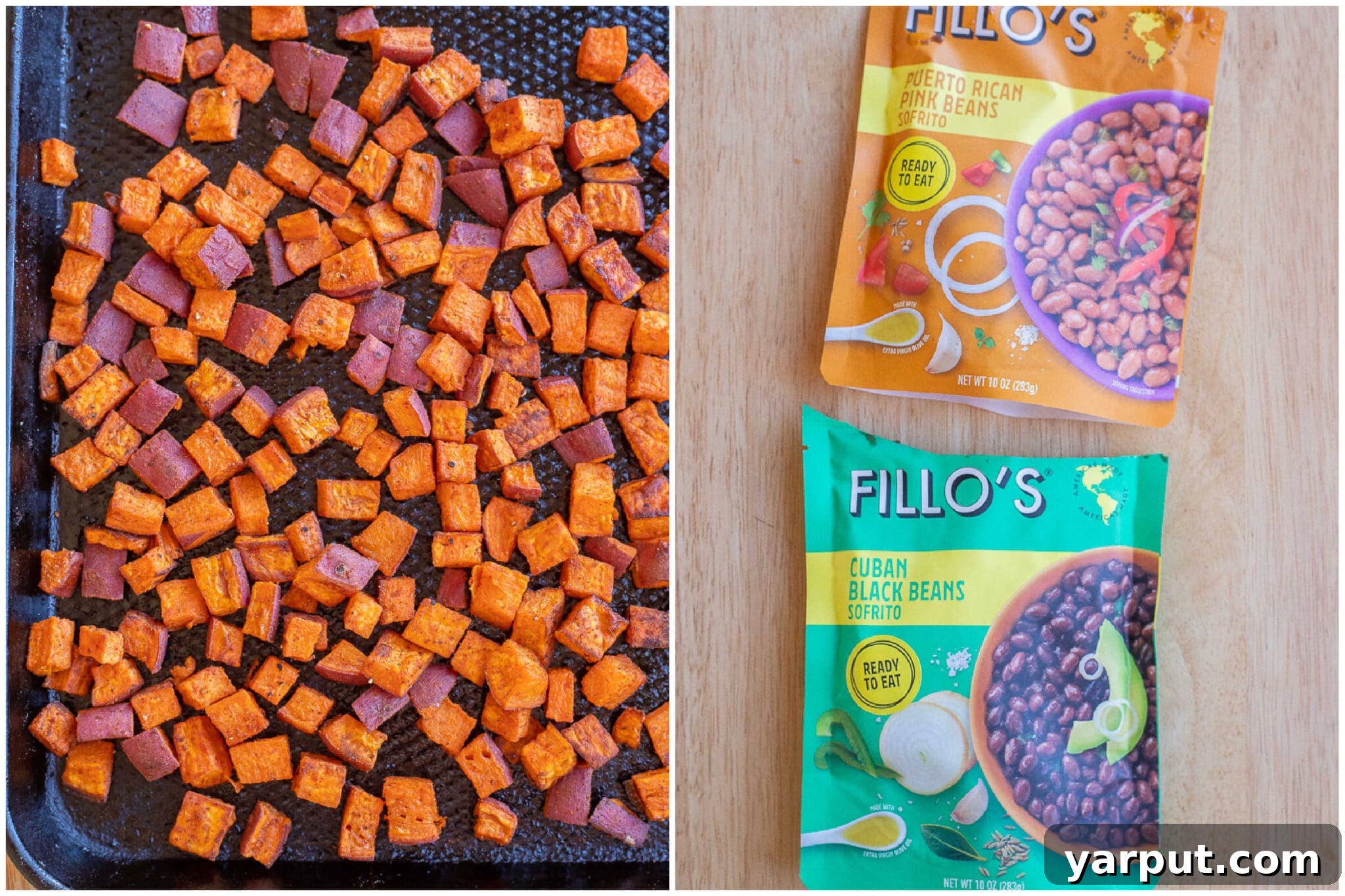 Roasted sweet potatoes and packaged beans