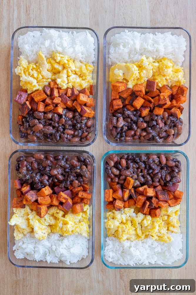 Savory vegetarian breakfast bowls in meal prep containers