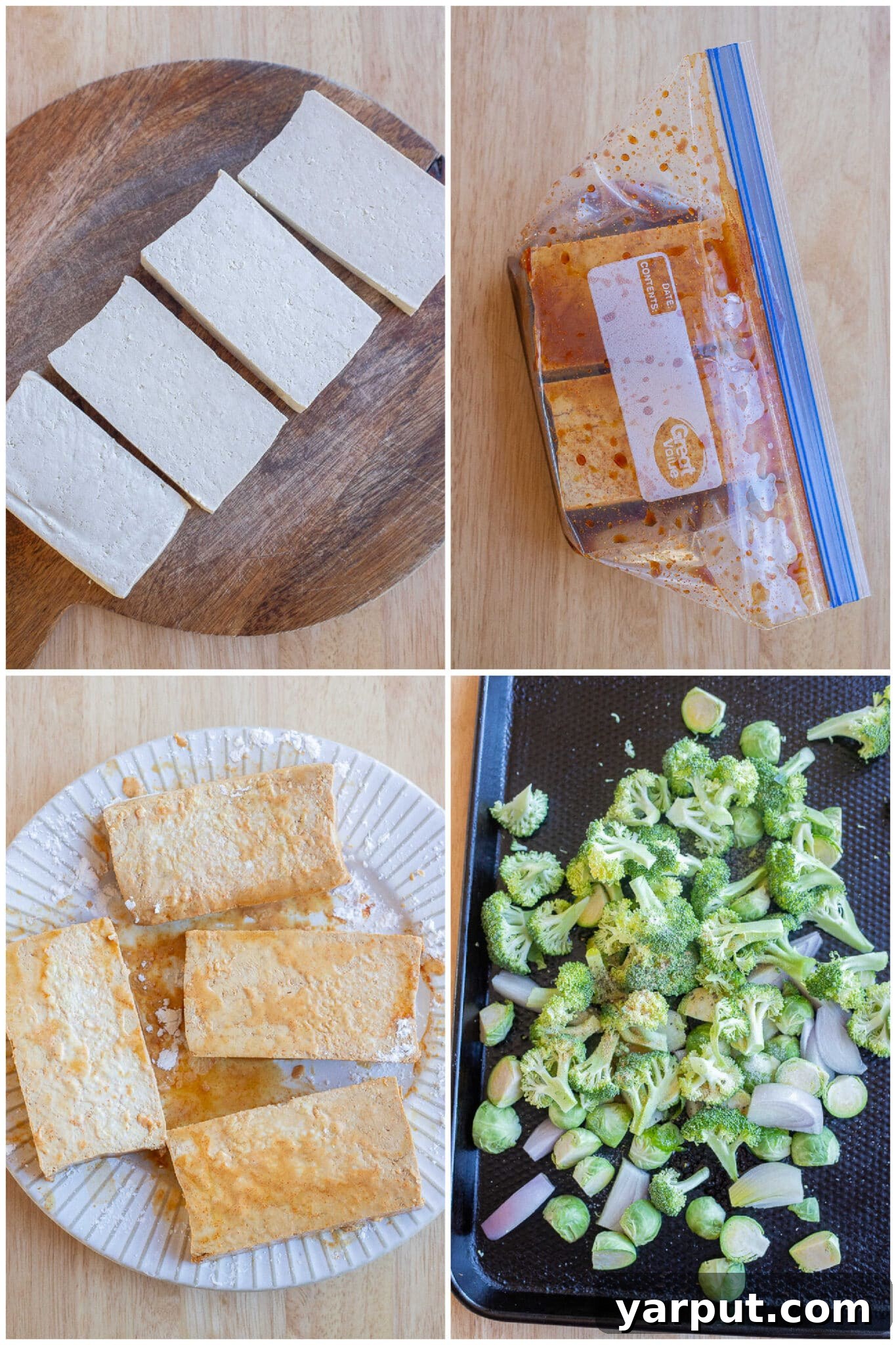 Harvest Veggie Thanksgiving Bowls 3 Step-by-step image showing how to marinate and prepare smoky baked tofu and roasted vegetables for the Thanksgiving bowls.