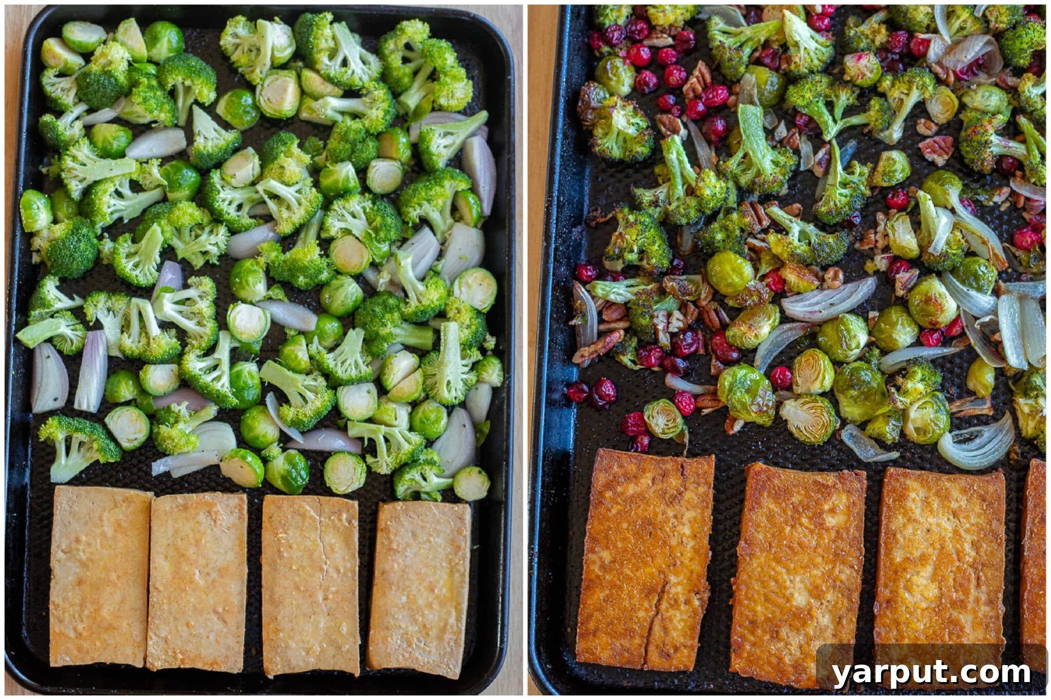 Harvest Veggie Thanksgiving Bowls 4 Image displaying tofu and vegetables before and after being baked, showing golden brown crispy tofu and tender caramelized vegetables.
