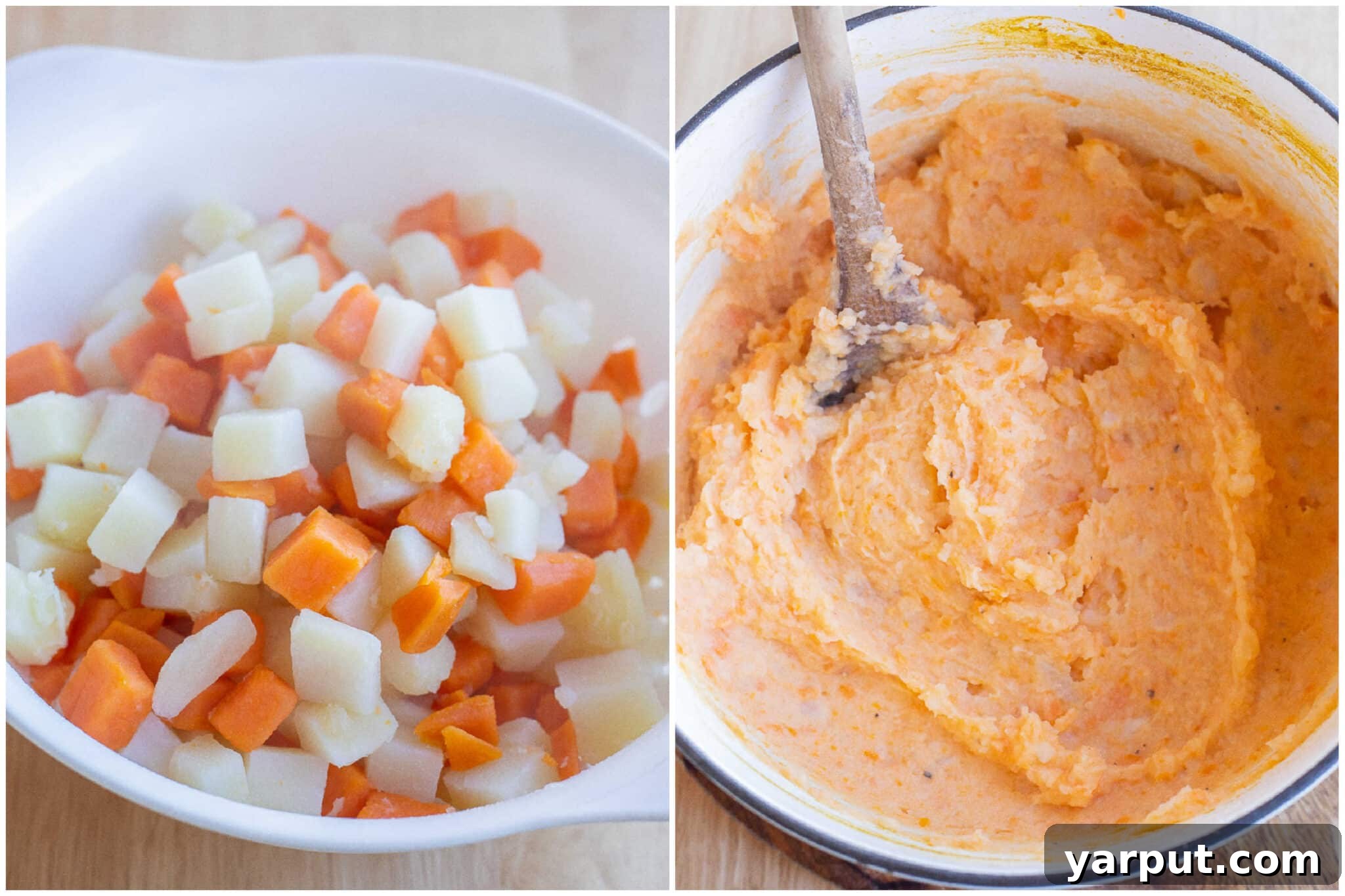 Harvest Veggie Thanksgiving Bowls 5 Image showing how to prepare the creamy sweet potato and regular potato mash, an essential component of the Thanksgiving bowls.