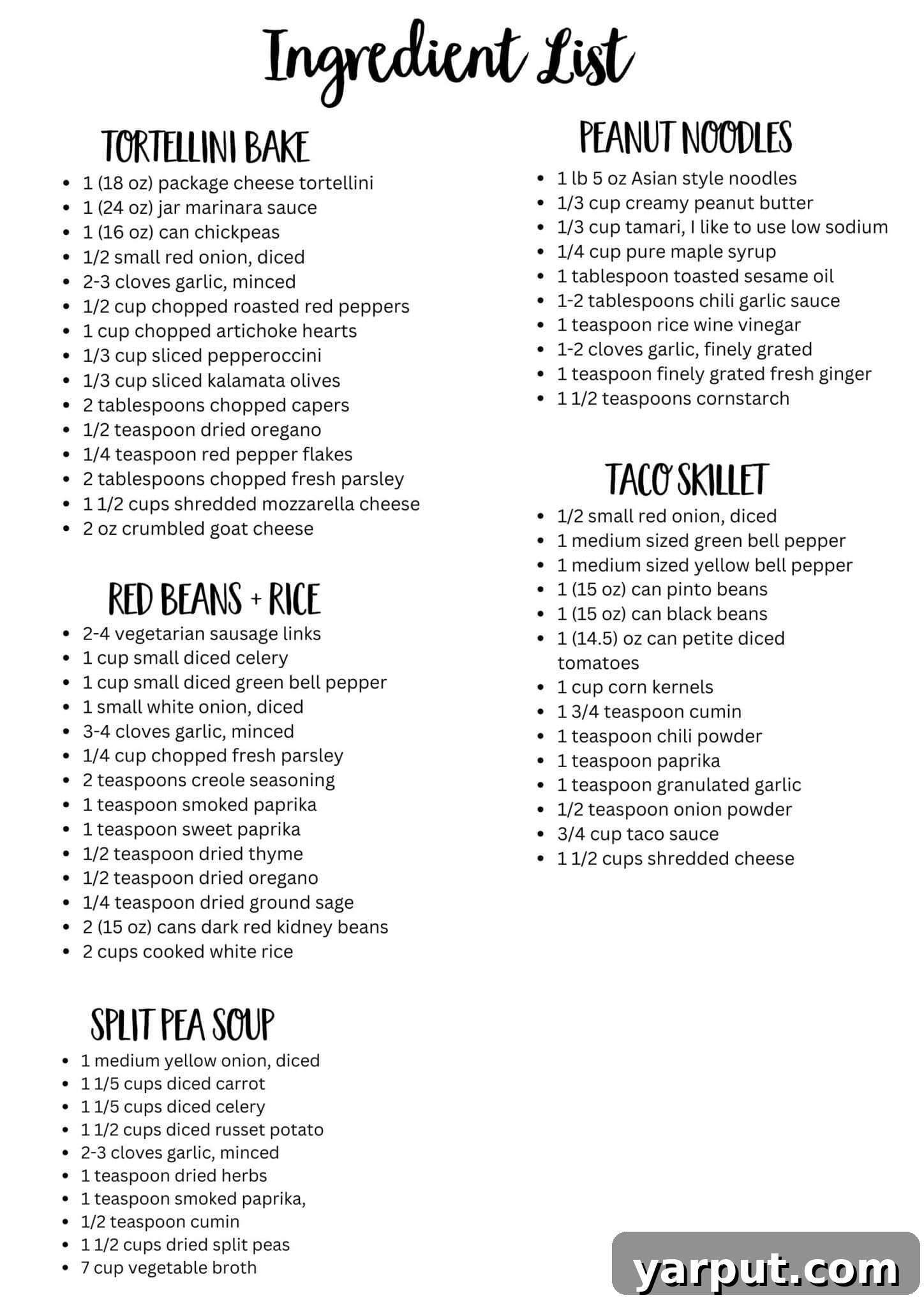 Easy Plant-Based Meals: Week 13 8 Printable shopping list template for vegetarian meal plans, showing categories and items.